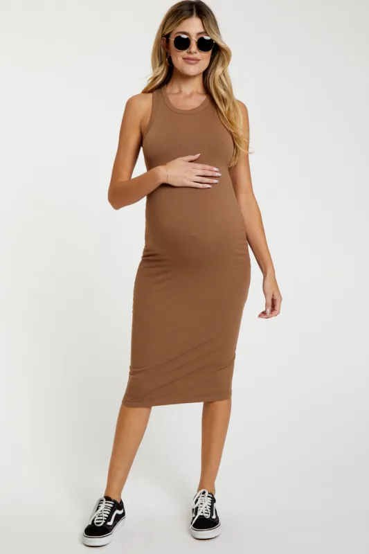 Camel Sleeveless Ribbed Fitted Maternity Midi Dress sold by Pinkblush