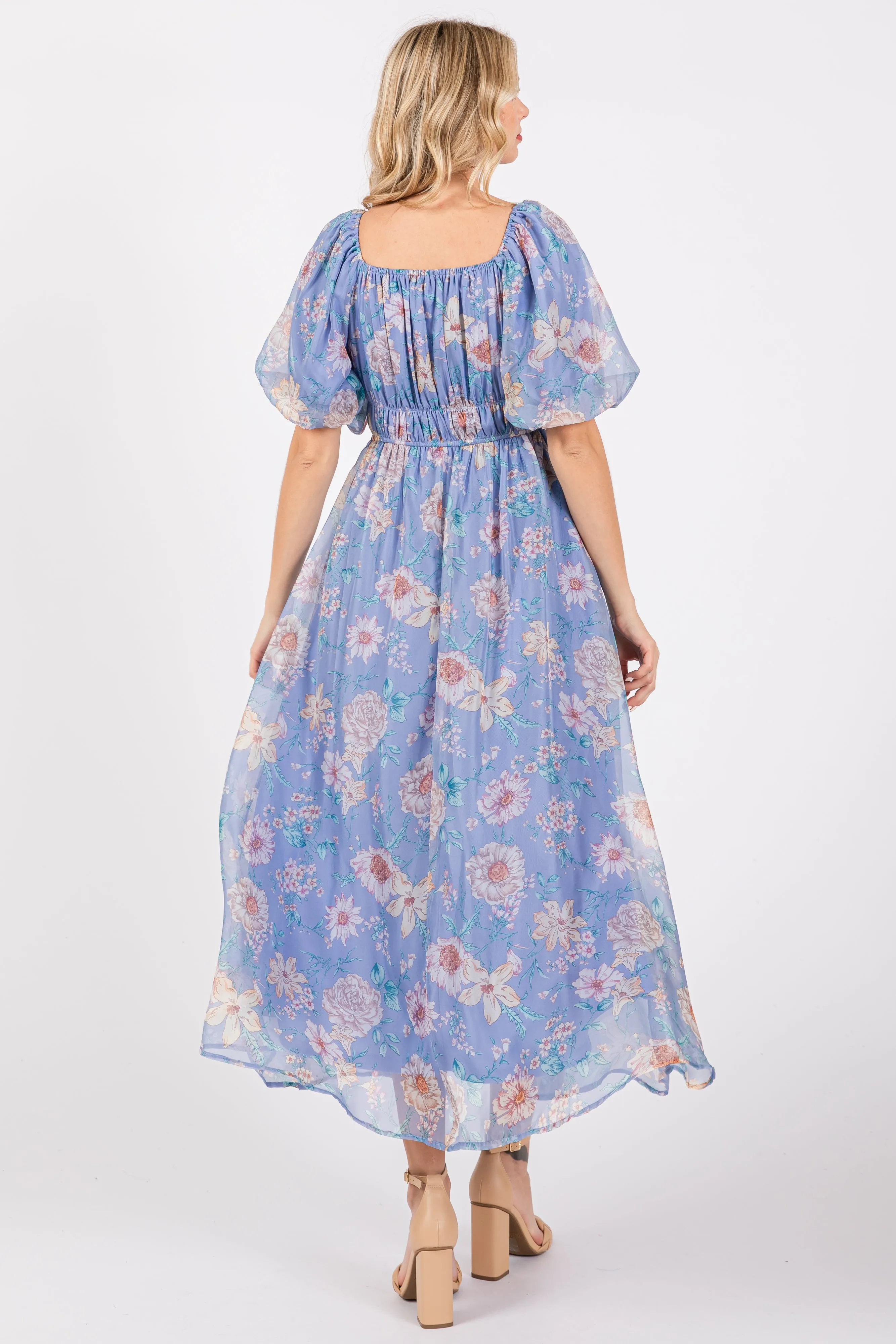 Blue Floral Chiffon Puff Sleeve Midi Dress sold by Pinkblush product image thumbnail 3