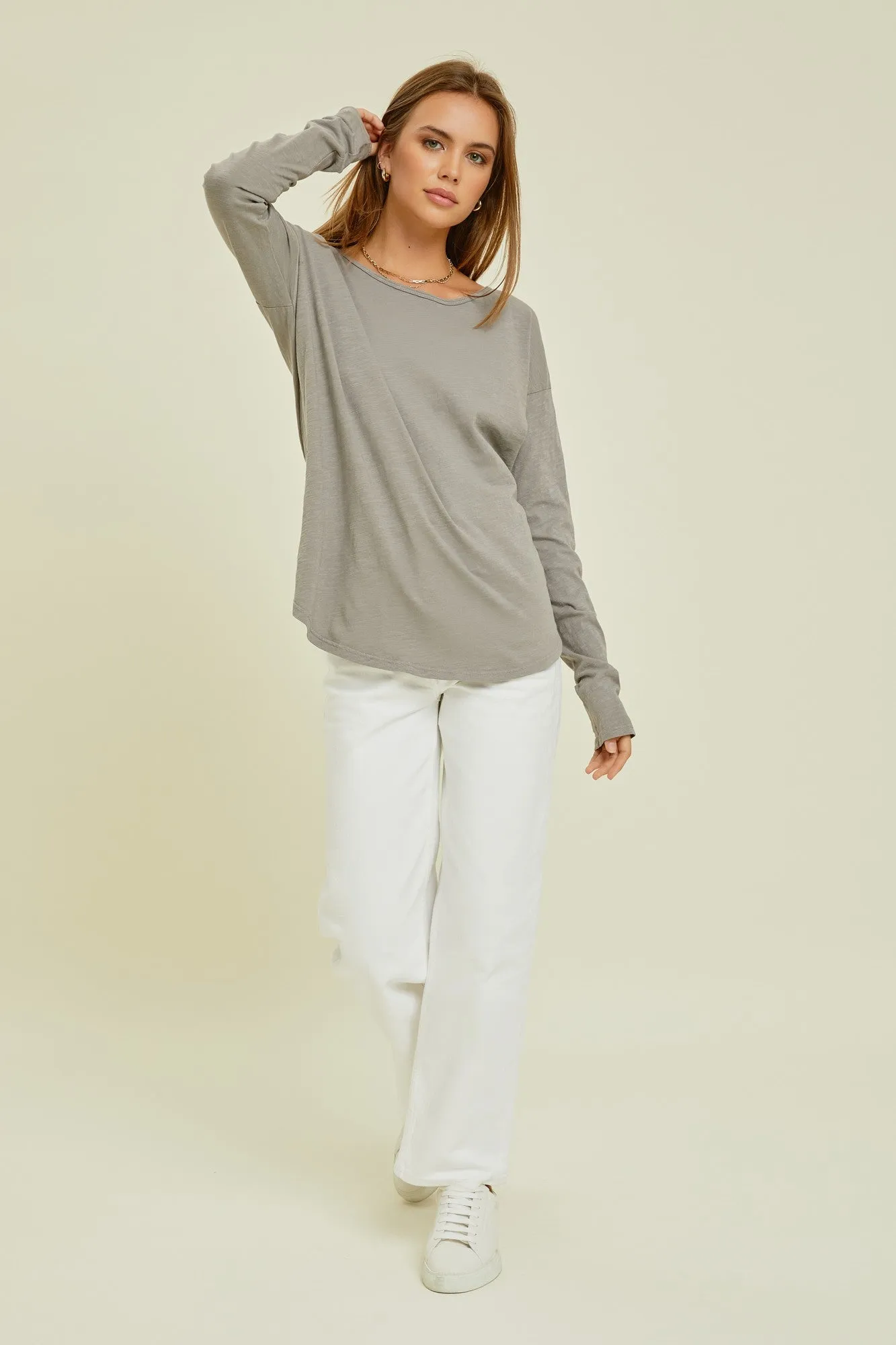 Charcoal Long Sleeve Curved Hem Top sold by Pinkblush