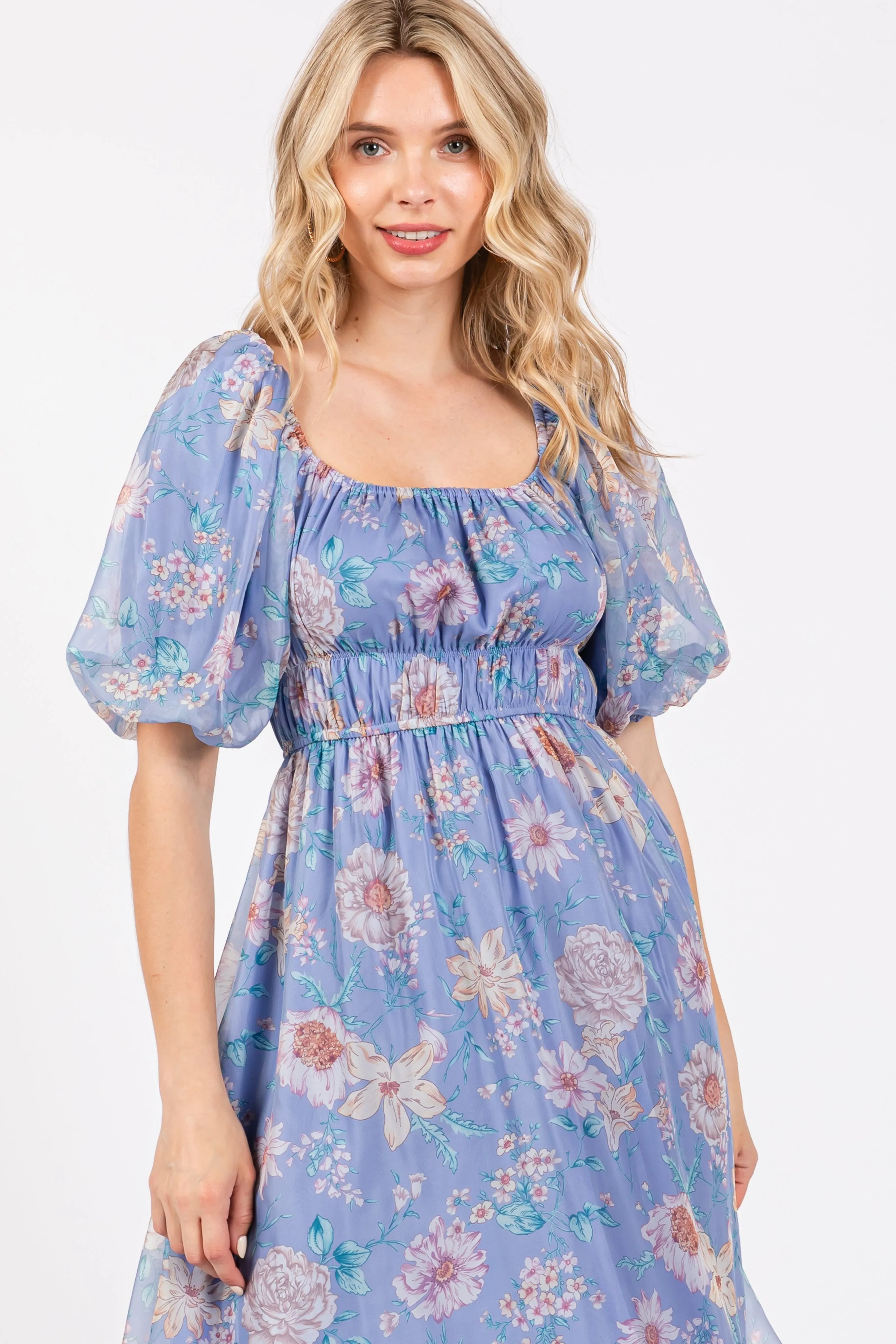 Blue Floral Chiffon Puff Sleeve Midi Dress sold by Pinkblush product image thumbnail 4