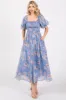 Blue Floral Chiffon Puff Sleeve Midi Dress sold by Pinkblush
