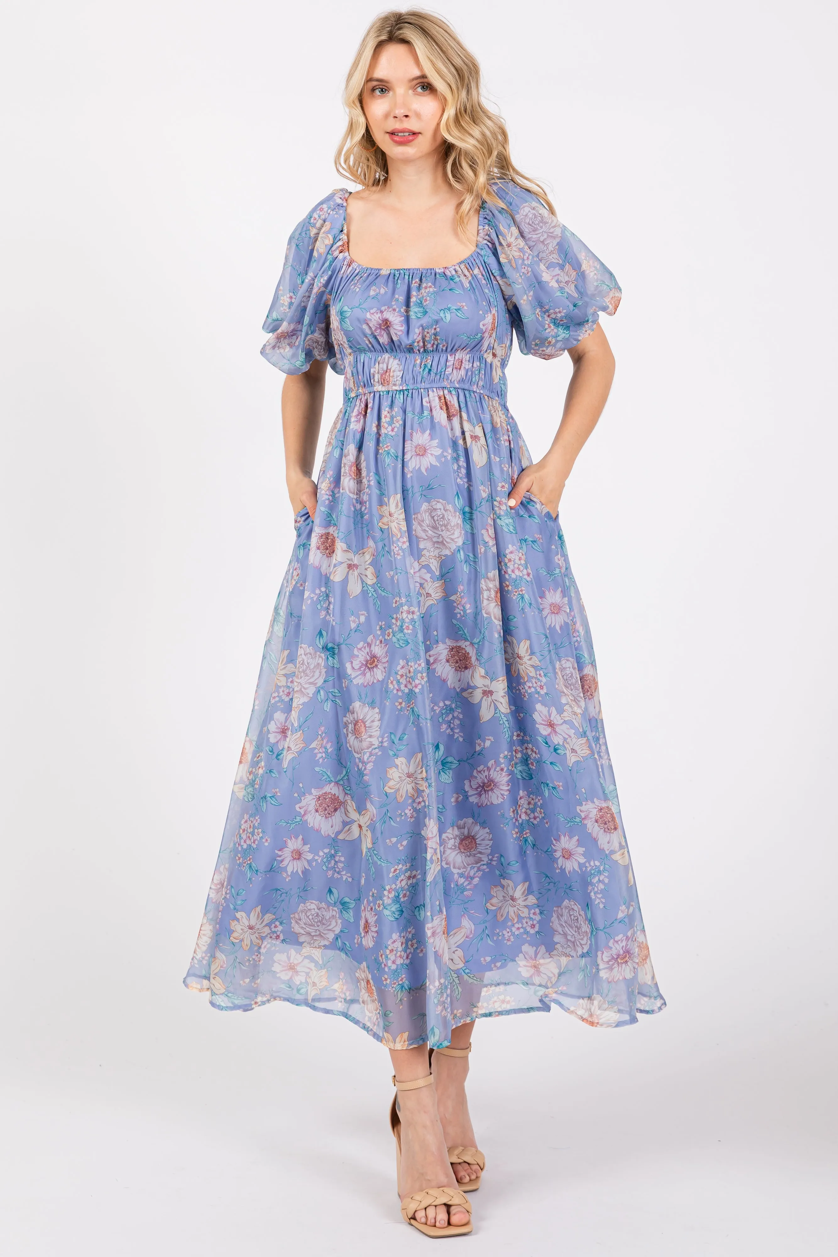 Blue Floral Chiffon Puff Sleeve Midi Dress sold by Pinkblush