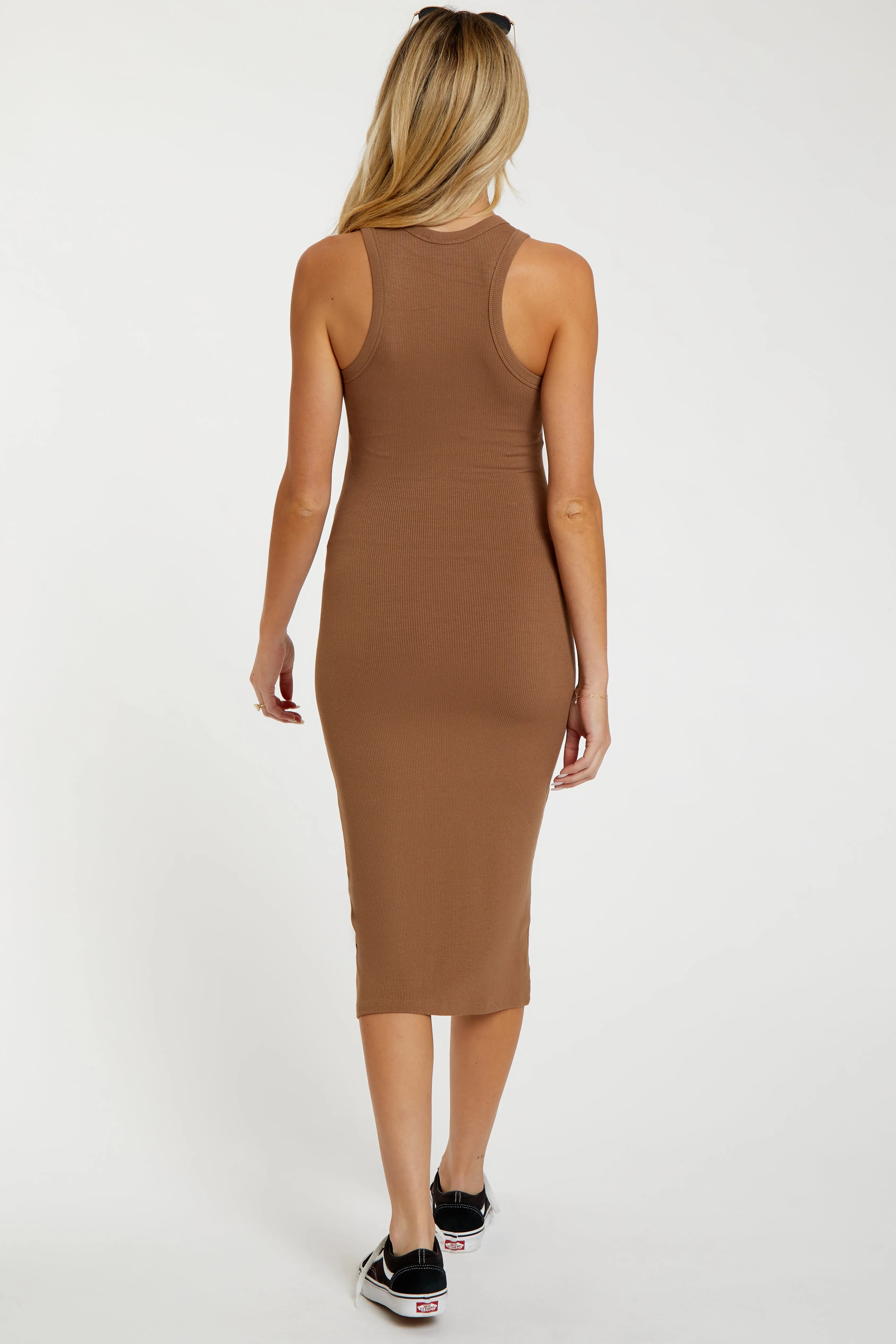 Camel Sleeveless Ribbed Fitted Maternity Midi Dress sold by Pinkblush product image thumbnail 3