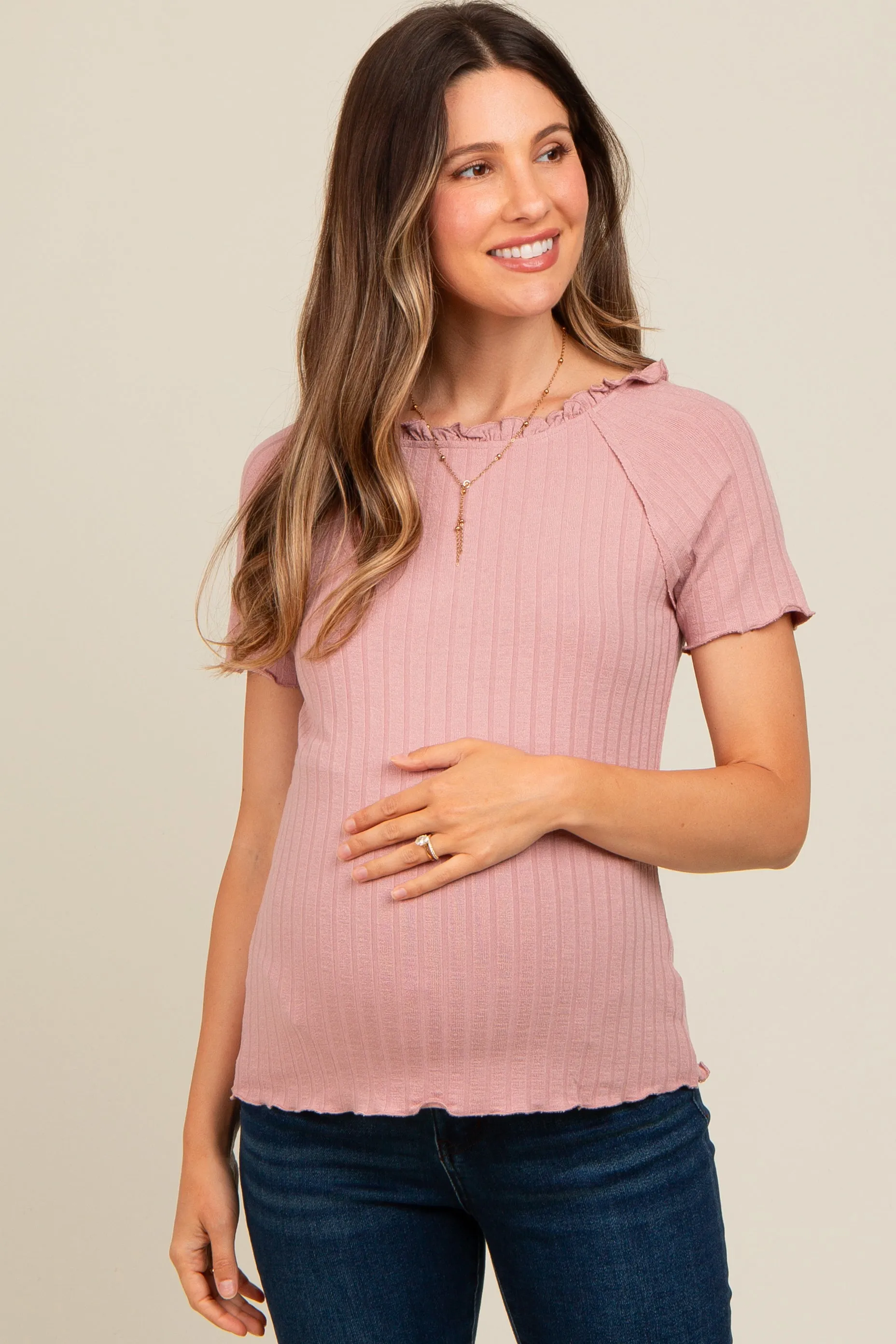 Mauve Ruffle Trim Ribbed Maternity Top sold by Pinkblush