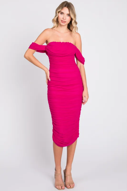 Fuchsia Ruched Off Shoulder Dress sold by Pinkblush