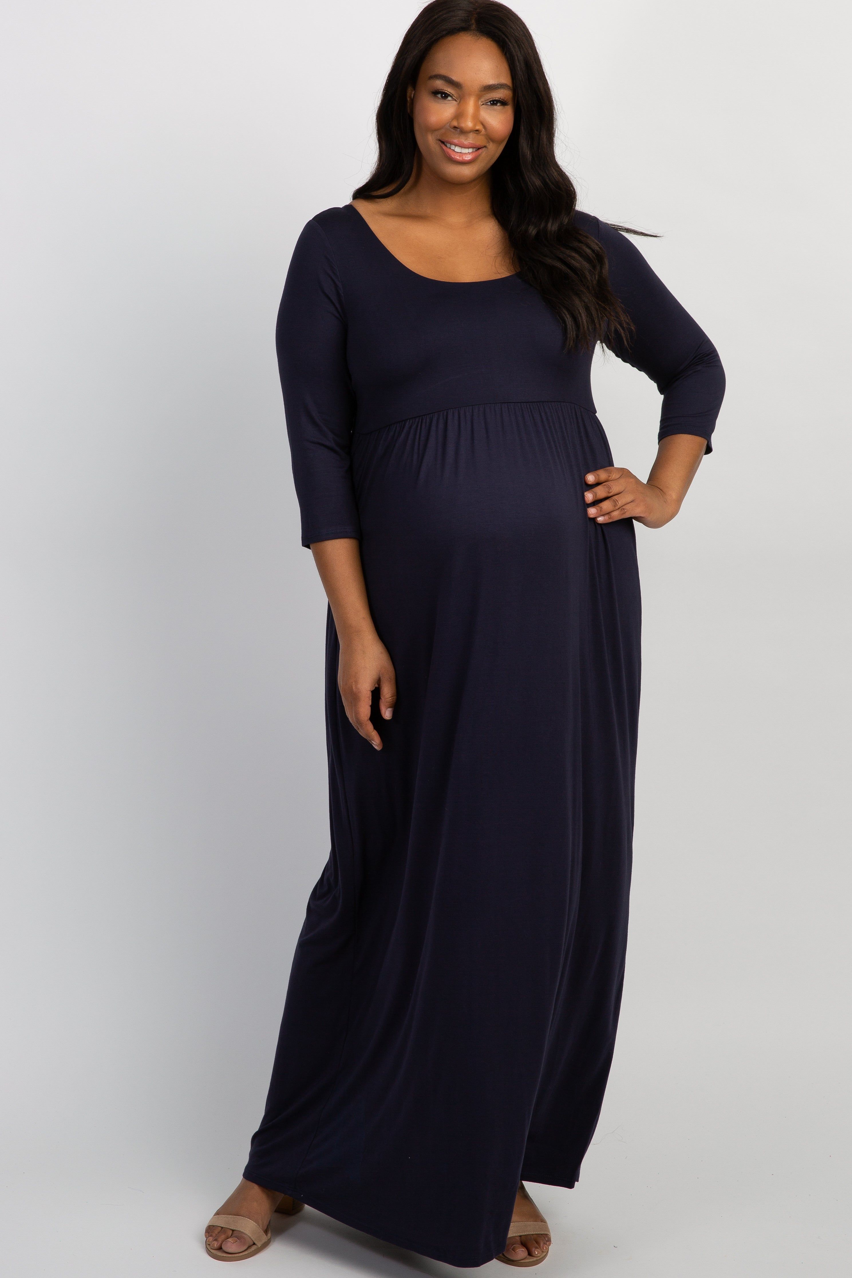 PinkBlush Navy 3/4 Sleeve Plus Maternity Maxi Dress sold by Pinkblush product image thumbnail 4