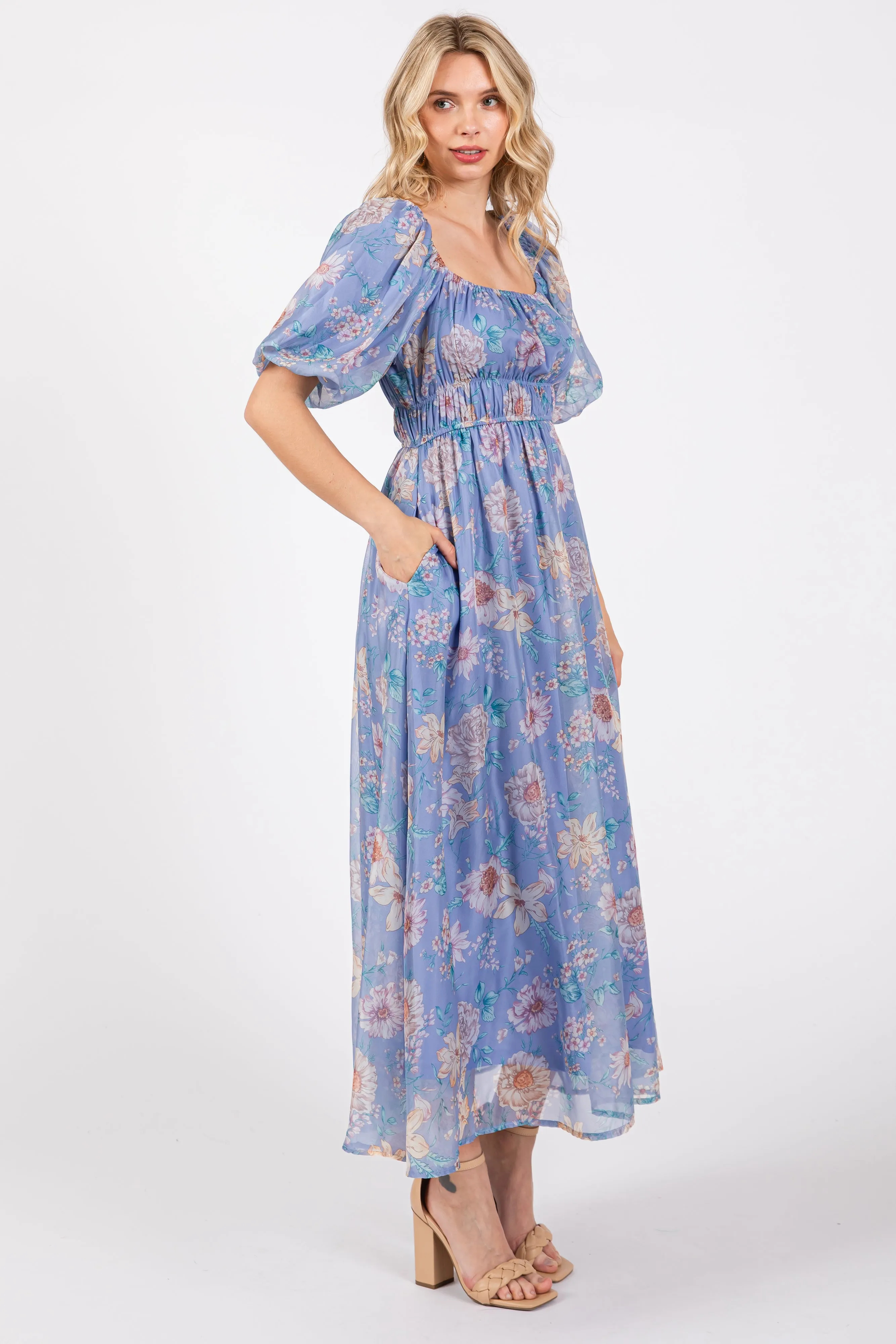 Blue Floral Chiffon Puff Sleeve Midi Dress sold by Pinkblush product image thumbnail 2