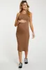 Camel Sleeveless Ribbed Fitted Maternity Midi Dress sold by Pinkblush