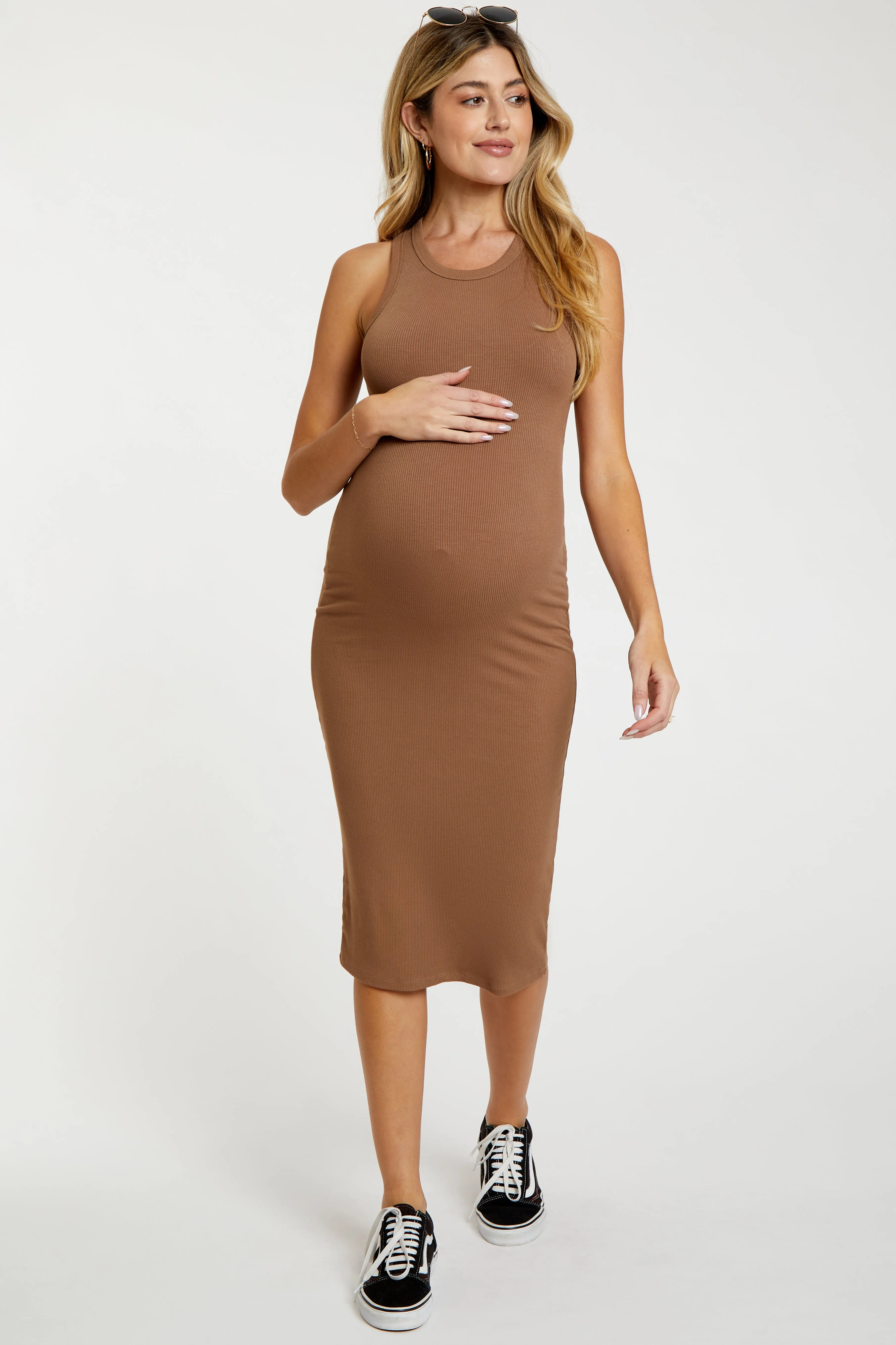 Camel Sleeveless Ribbed Fitted Maternity Midi Dress sold by Pinkblush product image thumbnail 4
