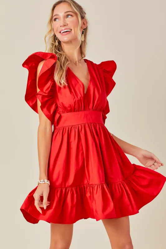 Red V-Neck Mini Dress With Ruffle Details sold by Pinkblush