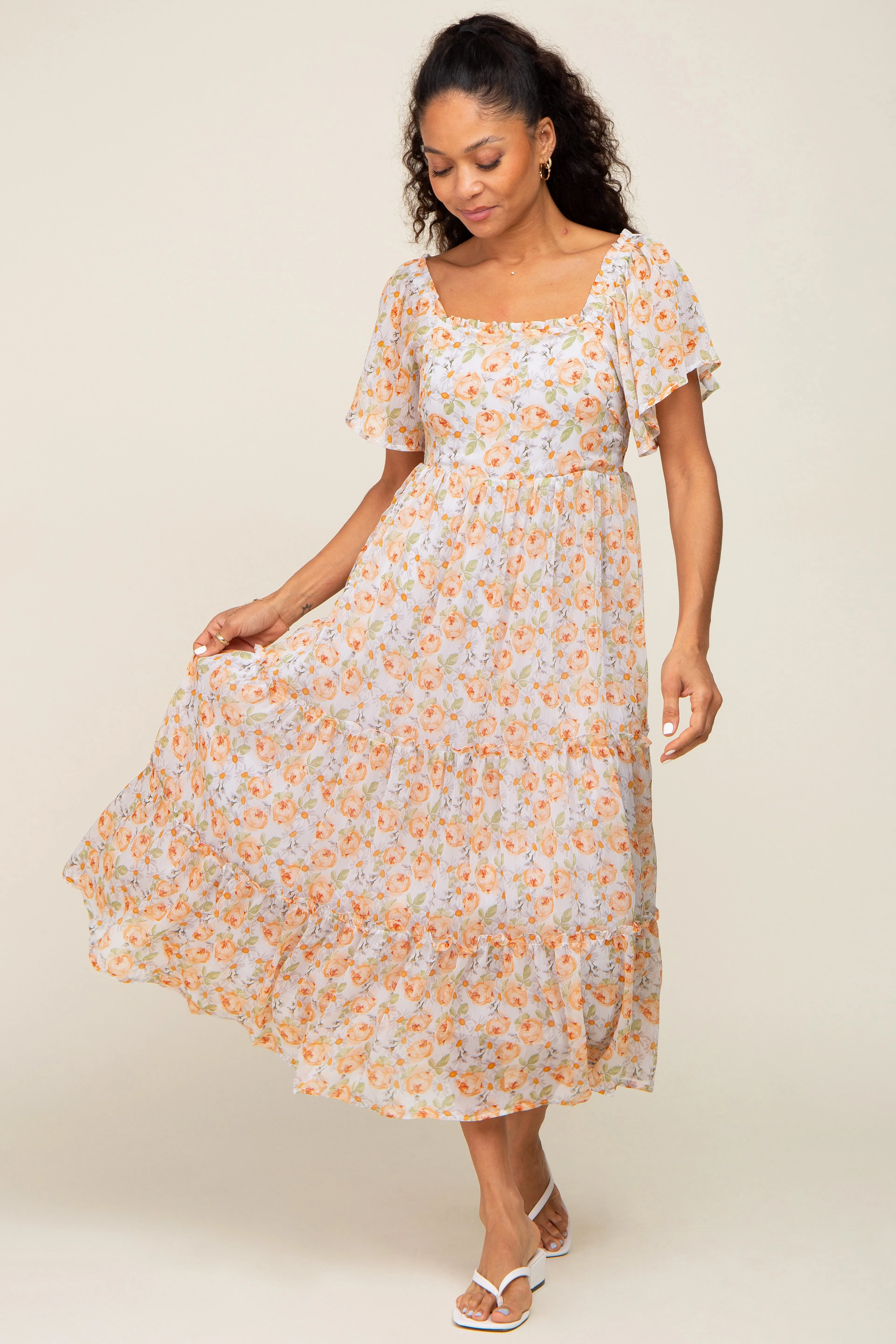 Coral Floral Chiffon Tiered Midi Dress sold by Pinkblush