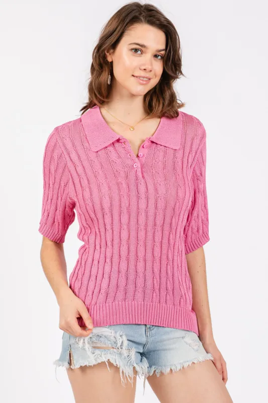 Pink Knit Button Collared Top sold by Pinkblush