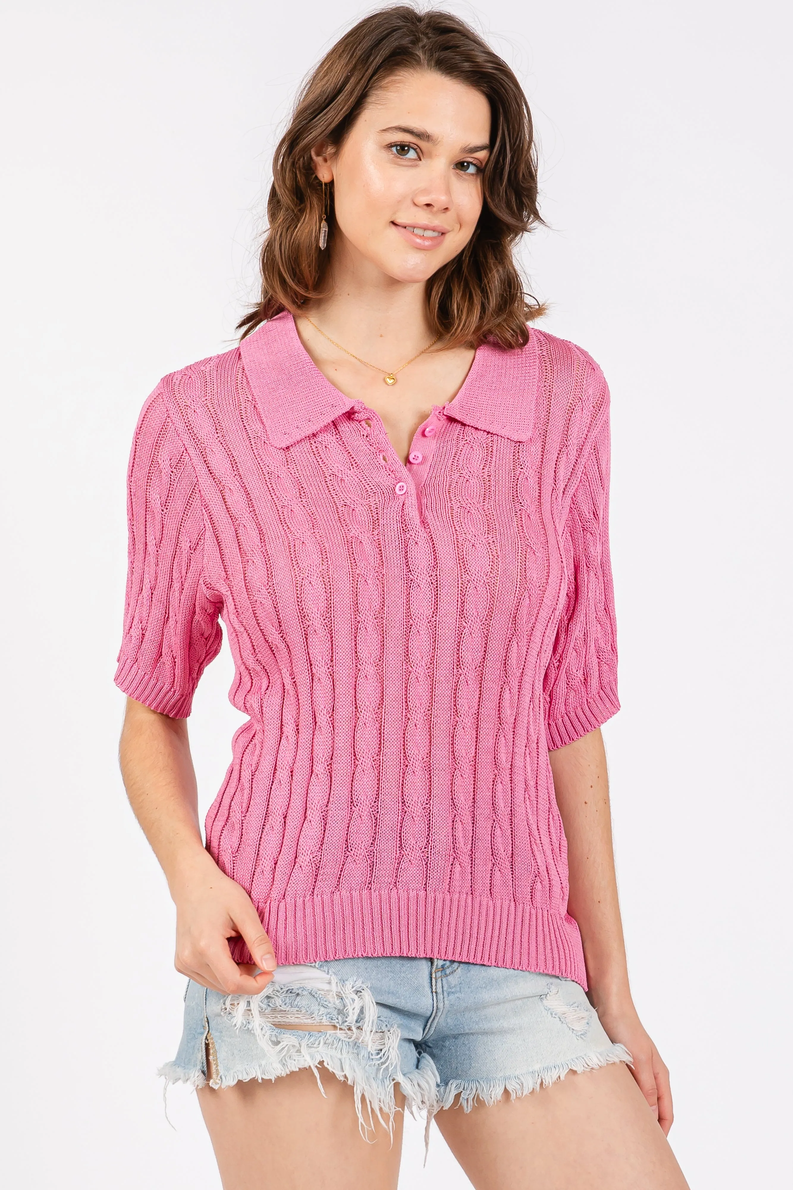 Pink Knit Button Collared Top sold by Pinkblush