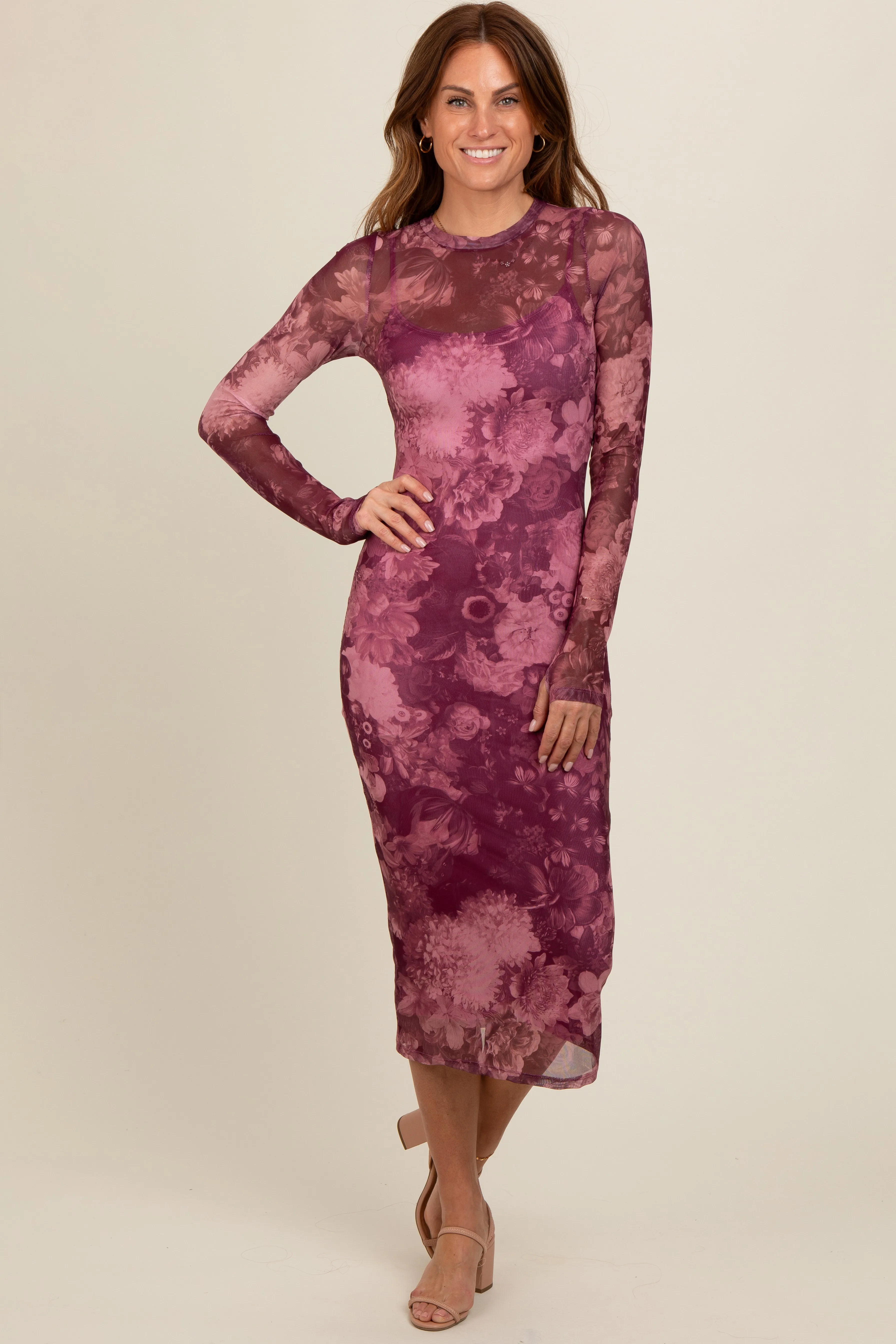 Magenta Floral Mesh Midi Dress sold by Pinkblush product image thumbnail 2