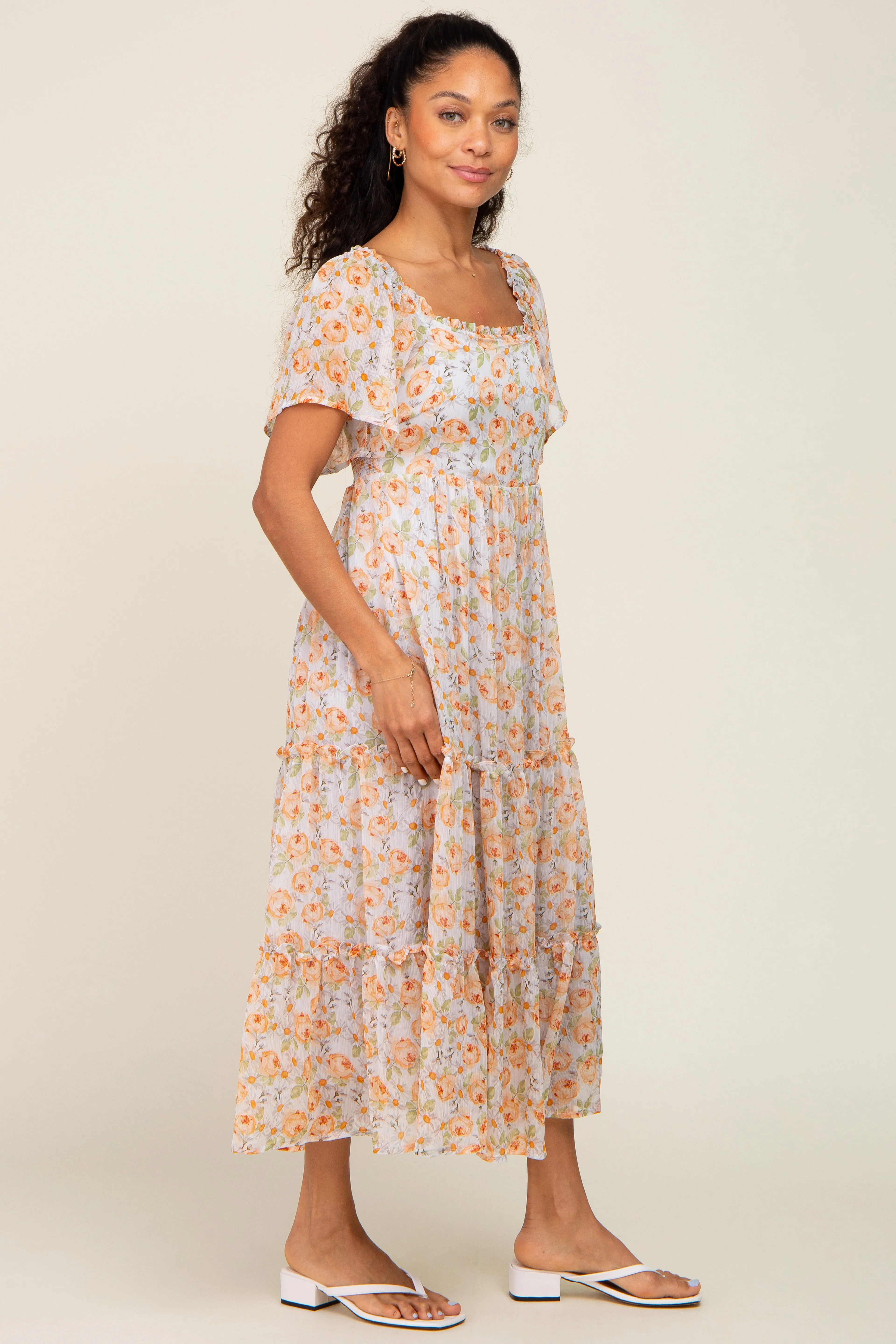 Coral Floral Chiffon Tiered Midi Dress sold by Pinkblush product image thumbnail 2