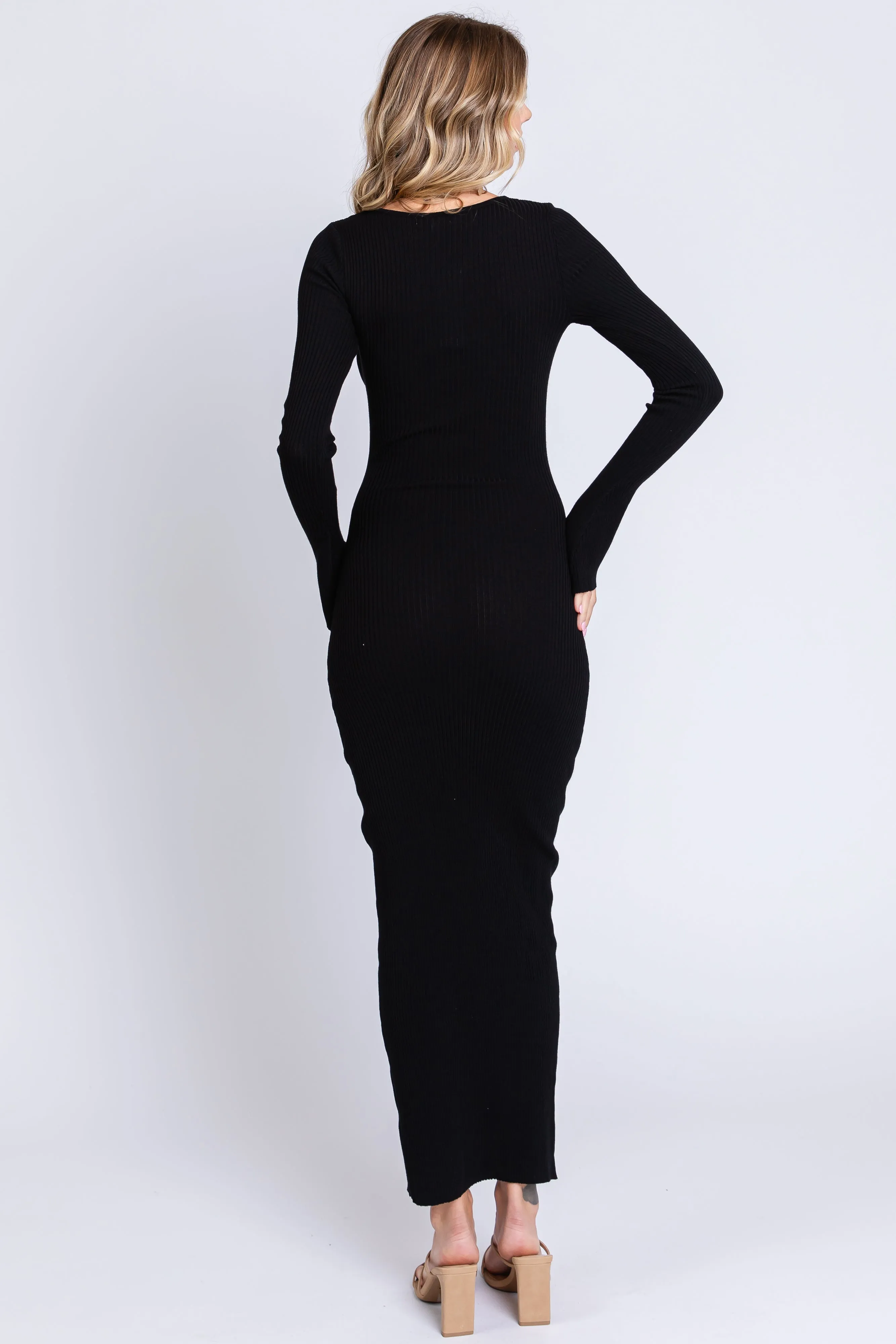 Black Front Cutout Bell Sleeve Ribbed Midi Dress sold by Pinkblush product image thumbnail 3