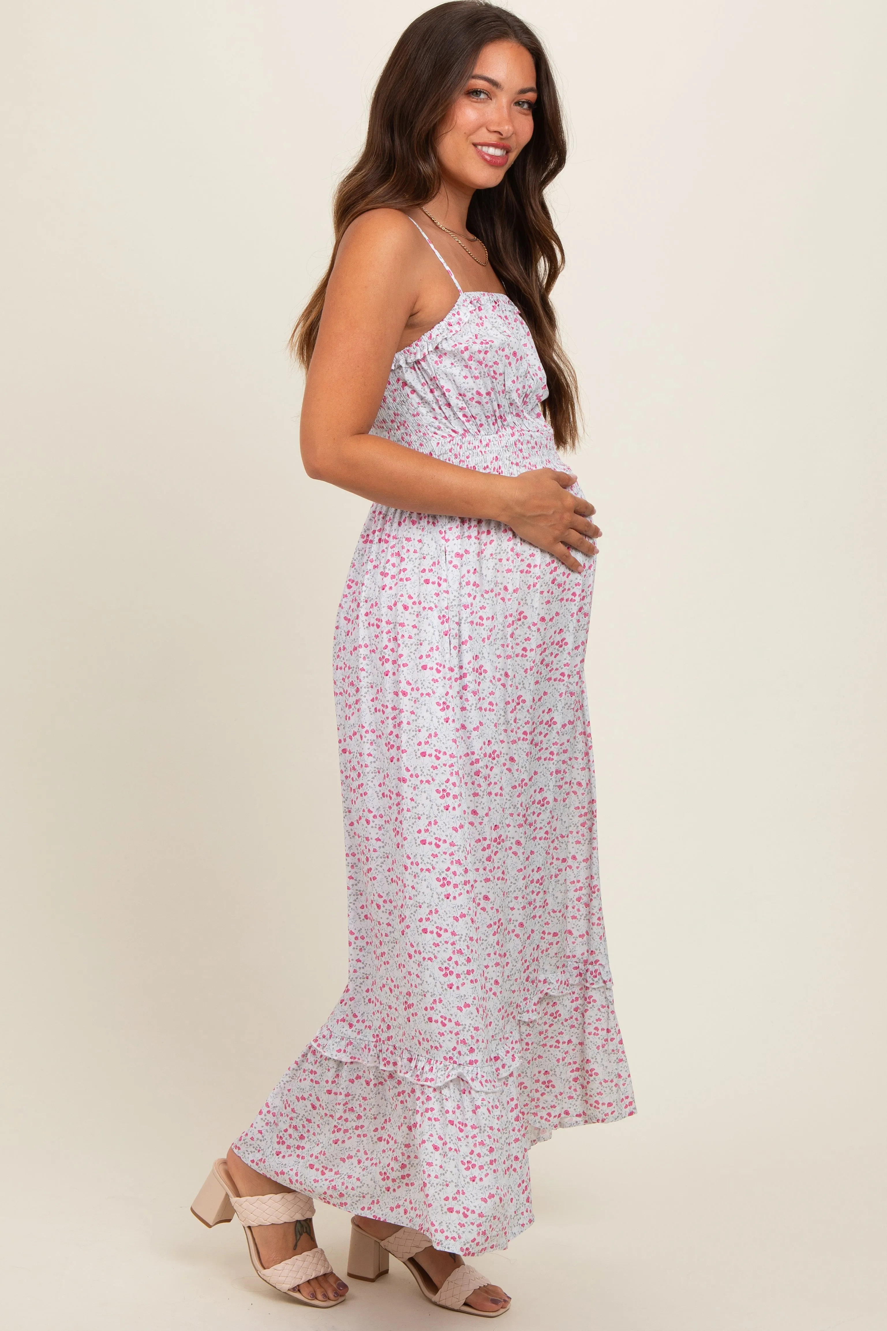 Cream Floral Ruffle Square Neck Smocked Waist Maternity Maxi Dress sold by Pinkblush product image thumbnail 3