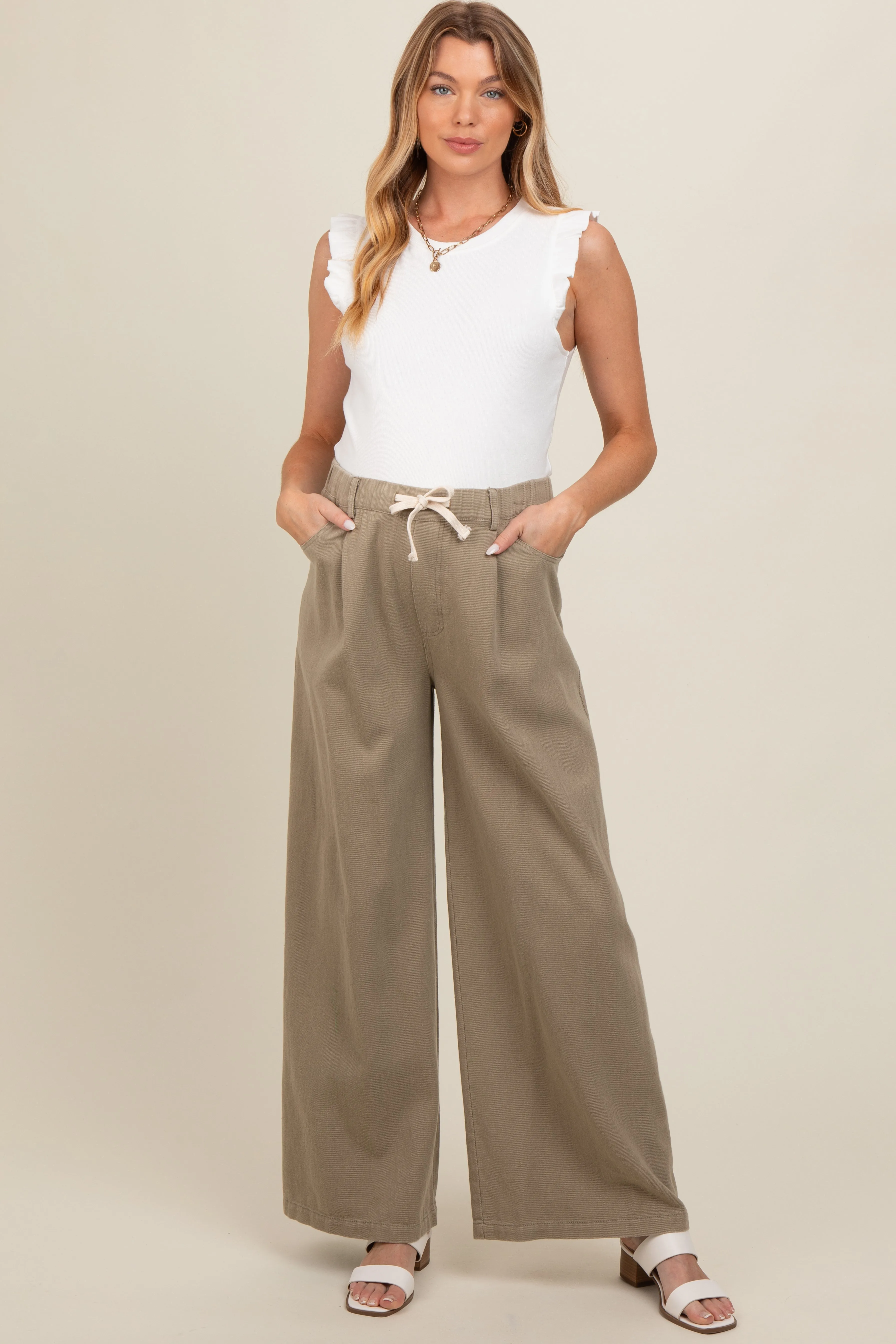 Olive Drawstring Wide Leg Maternity Pants sold by Pinkblush