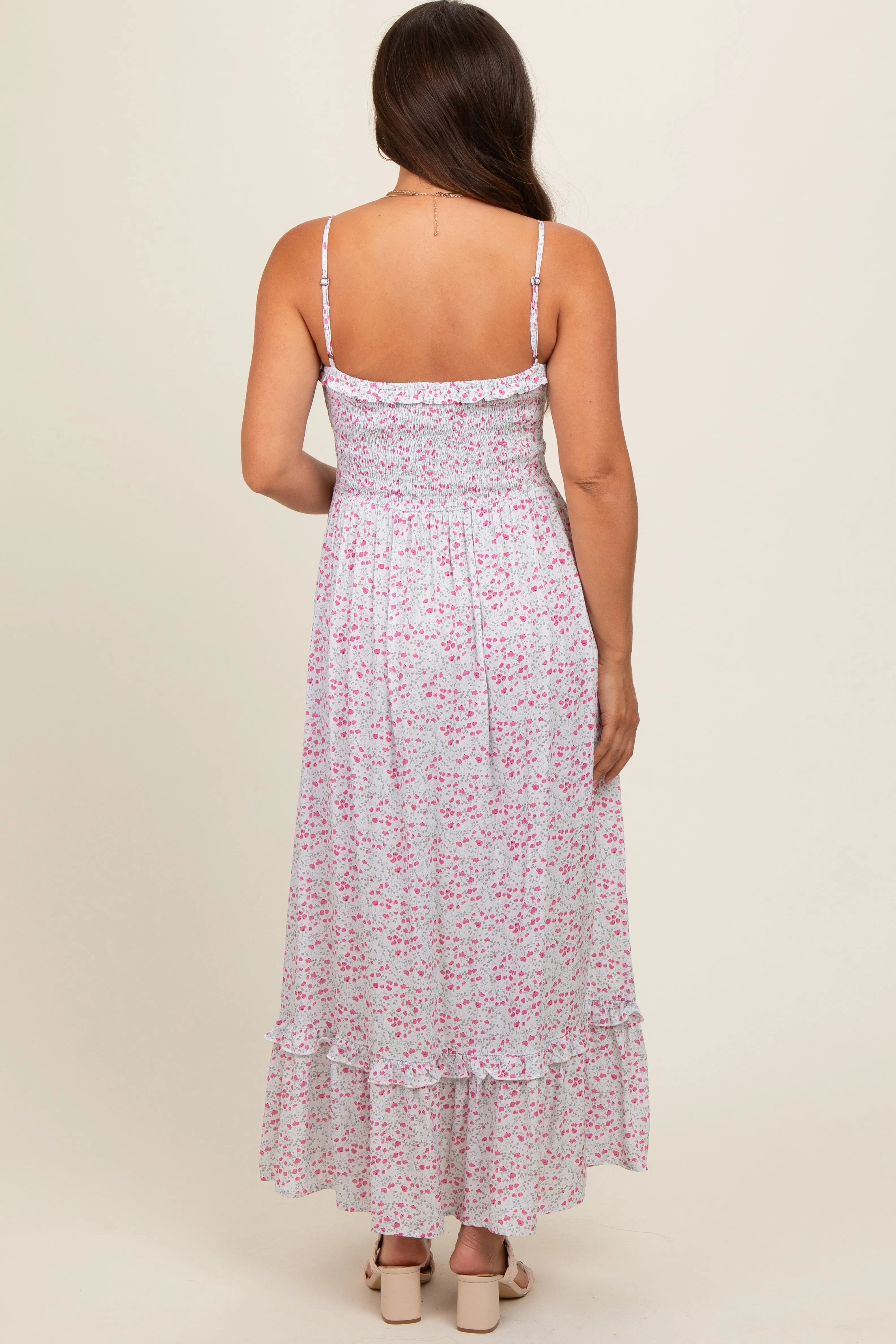 Cream Floral Ruffle Square Neck Smocked Waist Maternity Maxi Dress sold by Pinkblush product image thumbnail 4