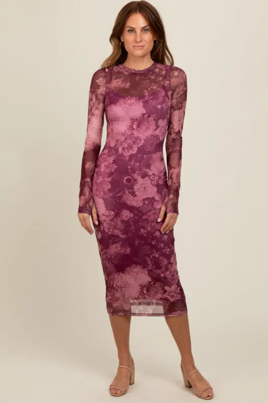 Magenta Floral Mesh Midi Dress sold by Pinkblush