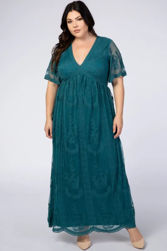 PinkBlush Teal Lace Mesh Overlay Plus Maxi Dress sold by Pinkblush
