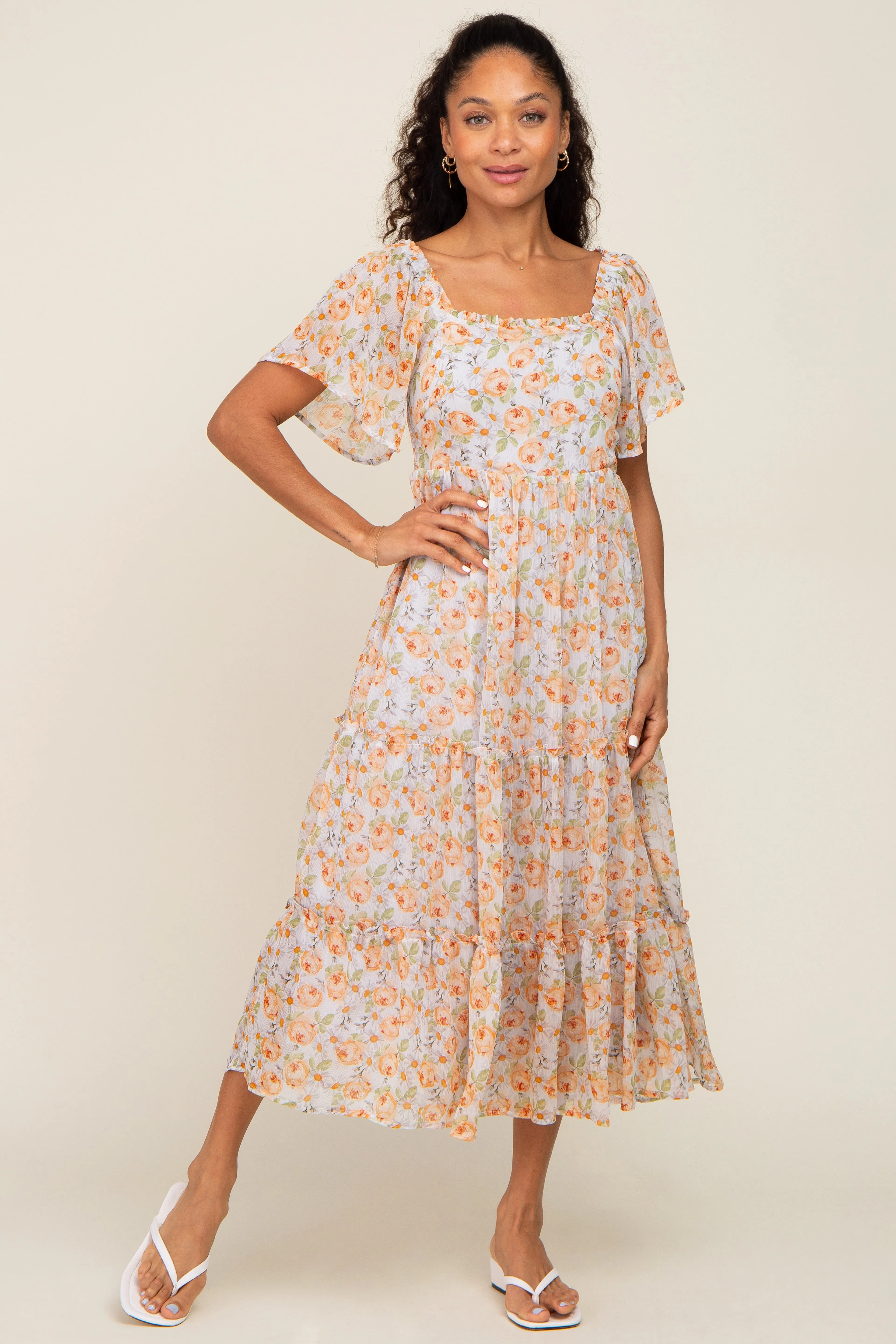 Coral Floral Chiffon Tiered Midi Dress sold by Pinkblush product image thumbnail 4