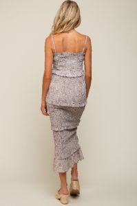 Grey Floral Smocked Fitted Maternity Midi Dress sold by Pinkblush