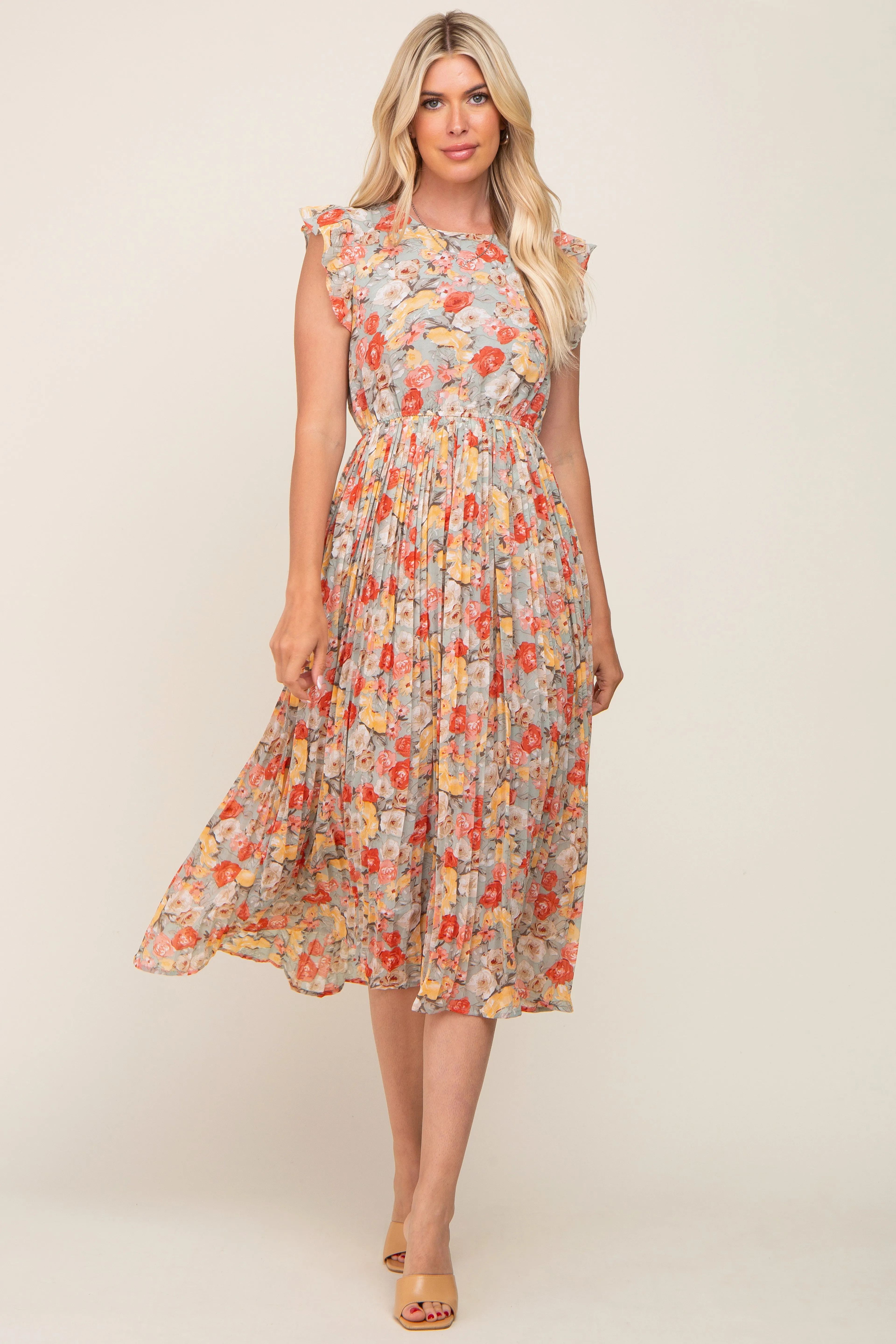 Mint Green Floral Chiffon Pleated Midi Dress sold by Pinkblush product image thumbnail 4