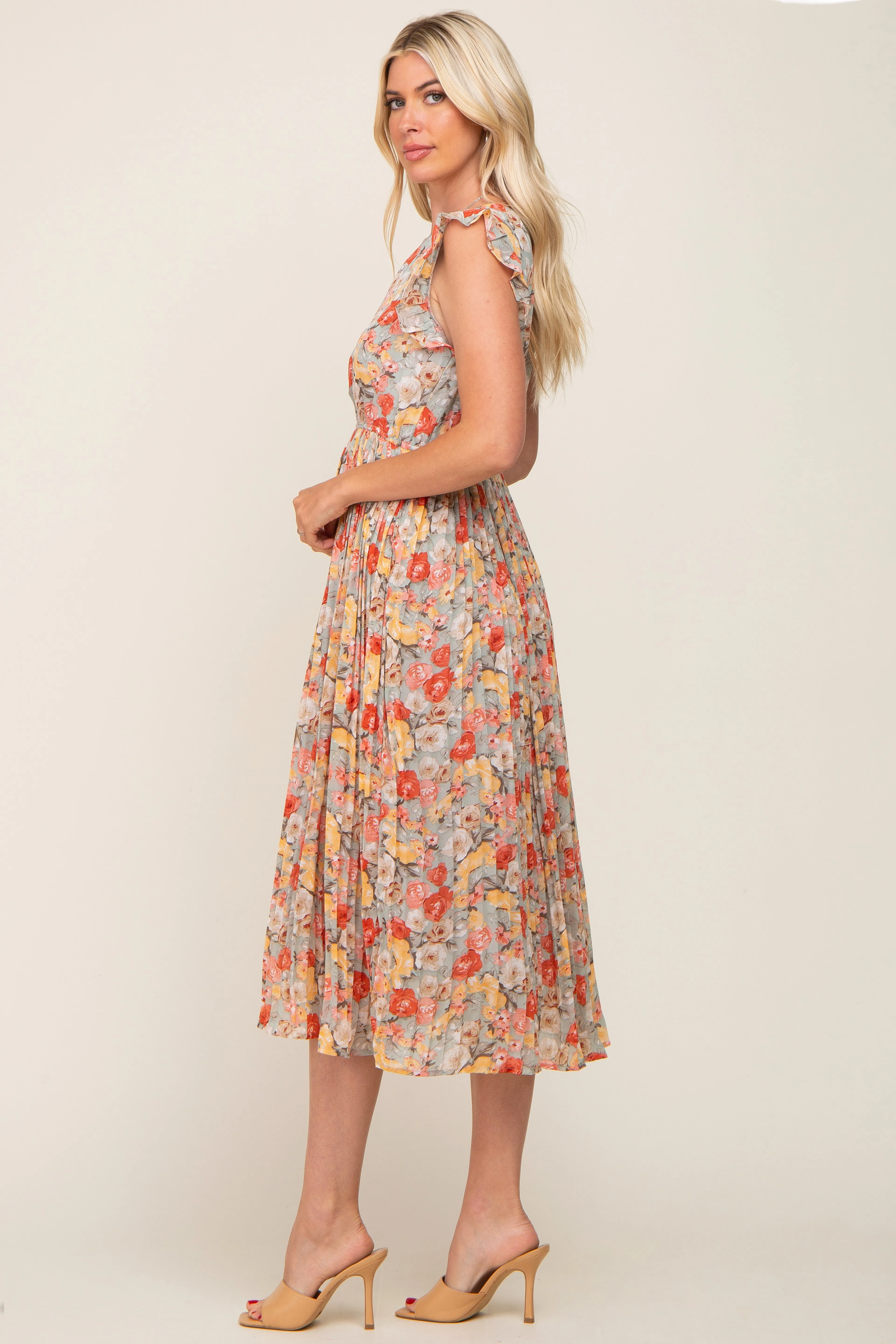 Mint Green Floral Chiffon Pleated Midi Dress sold by Pinkblush product image thumbnail 2