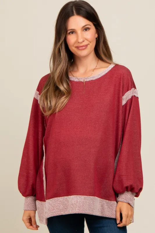 Burgundy Two Tone Maternity Oversized Long Sleeve Top sold by Pinkblush