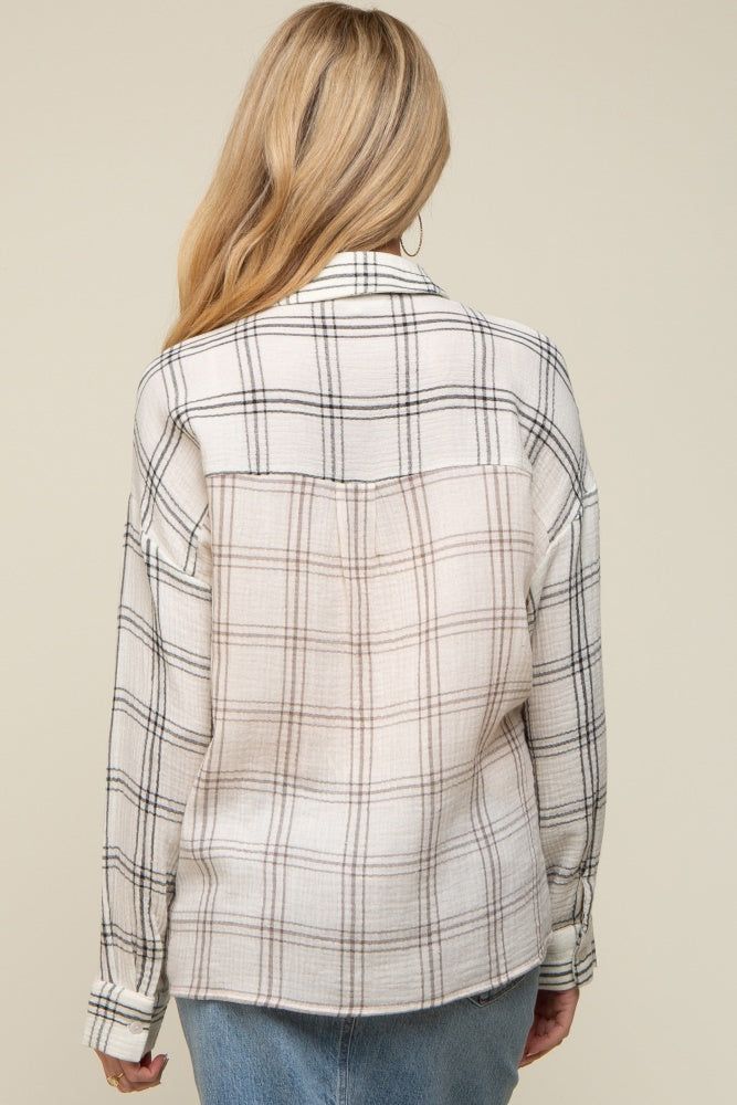Ivory Gauze Plaid Maternity Button Up Top sold by Pinkblush product image thumbnail 3