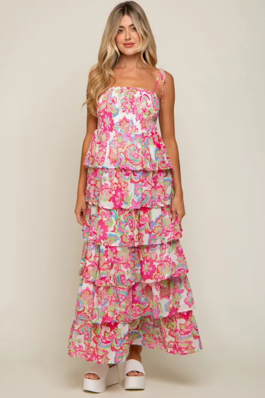 Fuchsia Floral Chiffon Smocked Shoulder Tie Ruffle Tiered Maternity Maxi Dress sold by Pinkblush