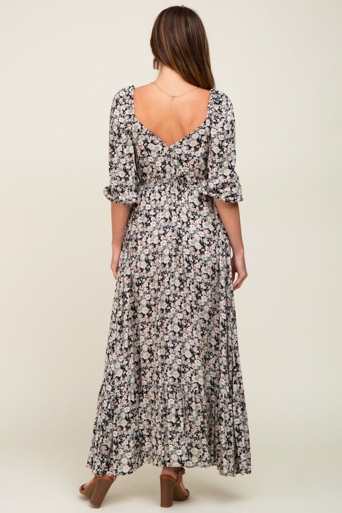 Black Floral Puff Sleeve Midi Dress sold by Pinkblush product image thumbnail 3