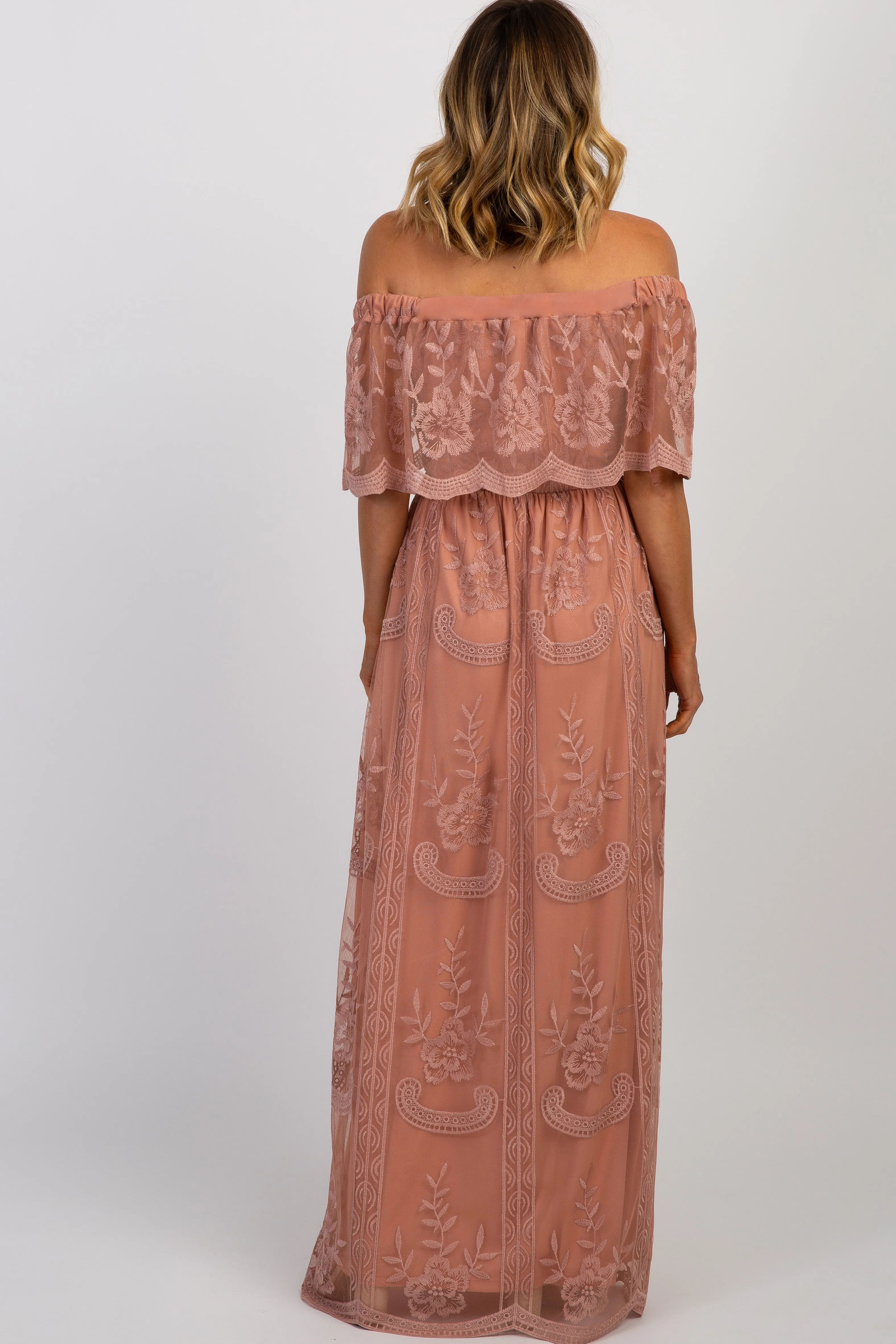 Light Pink Lace Mesh Overlay Off Shoulder Maxi Dress sold by Pinkblush product image thumbnail 3