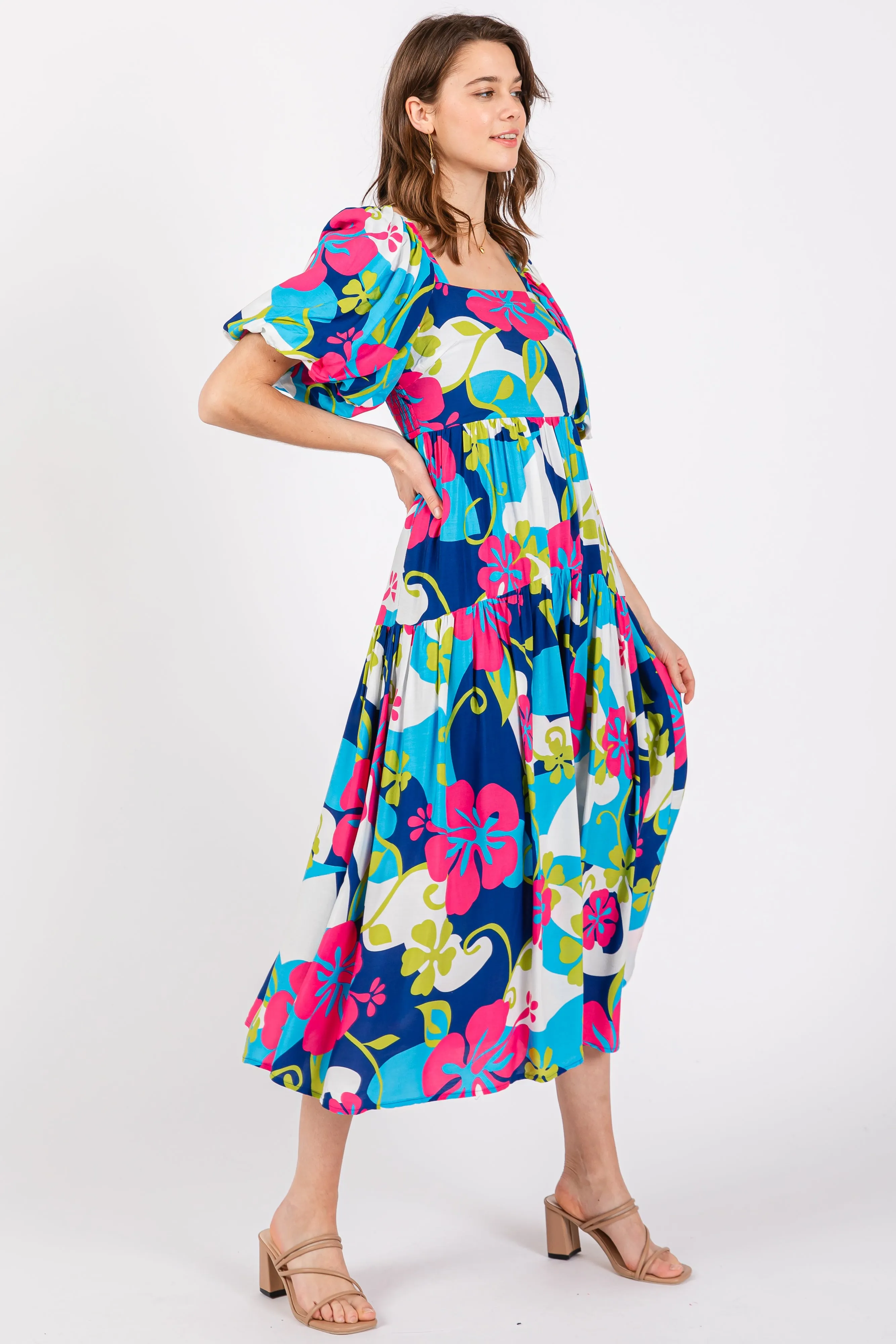 Royal Floral Tiered Puff Sleeve Midi Dress sold by Pinkblush product image thumbnail 3