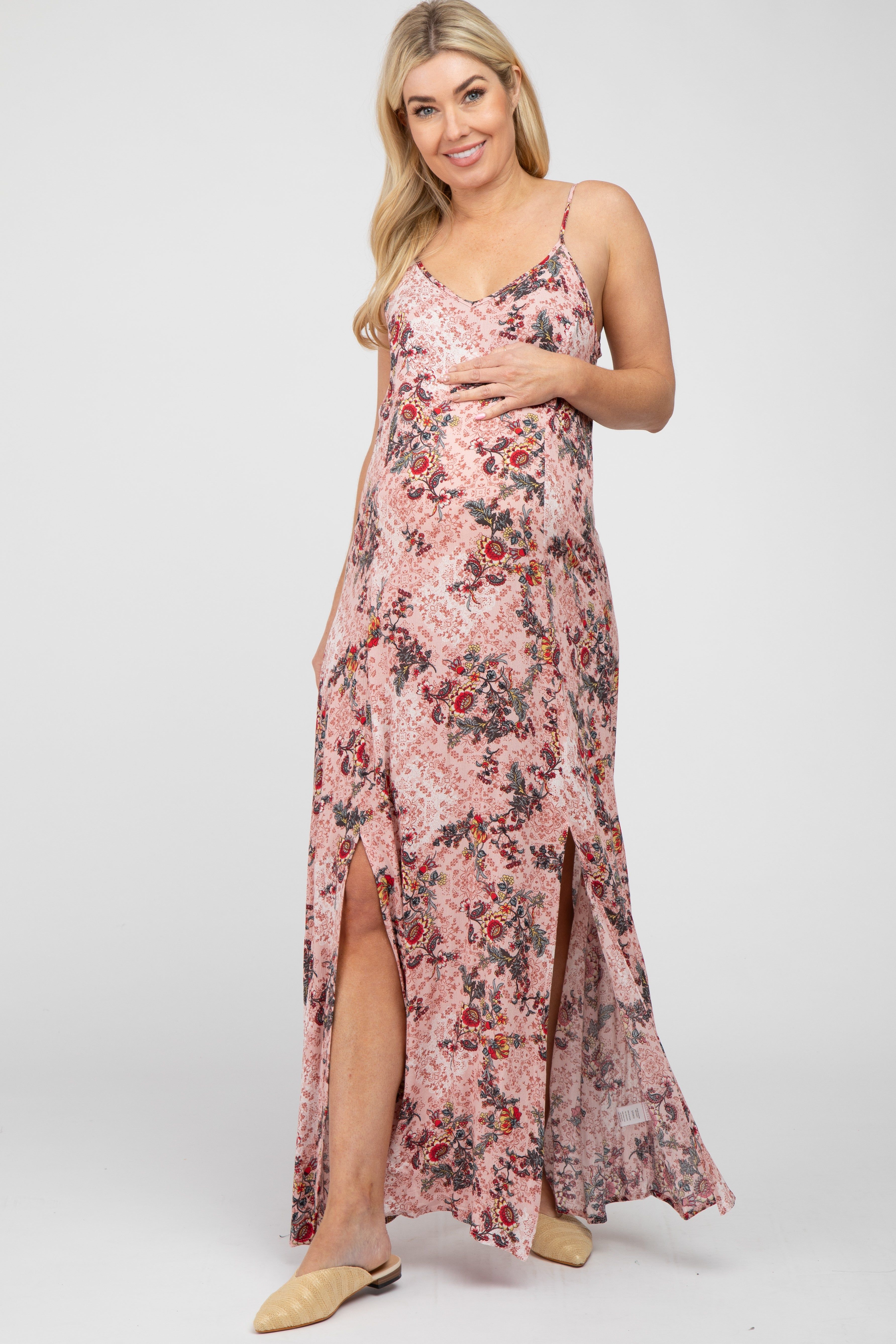 Pink Floral Paisely Side Slit Maternity Maxi Dress sold by Pinkblush product image thumbnail 2