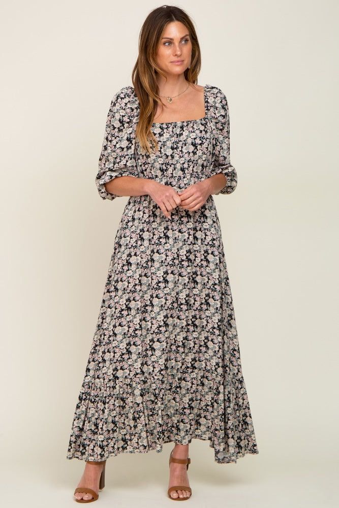 Black Floral Puff Sleeve Midi Dress sold by Pinkblush product image thumbnail 4