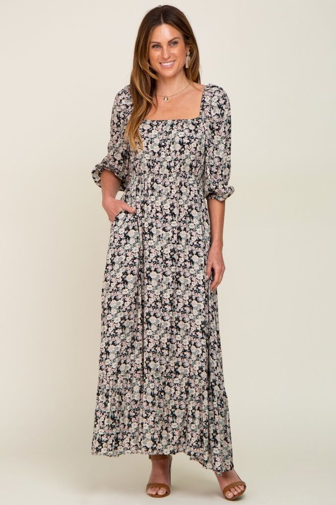 Black Floral Puff Sleeve Midi Dress sold by Pinkblush