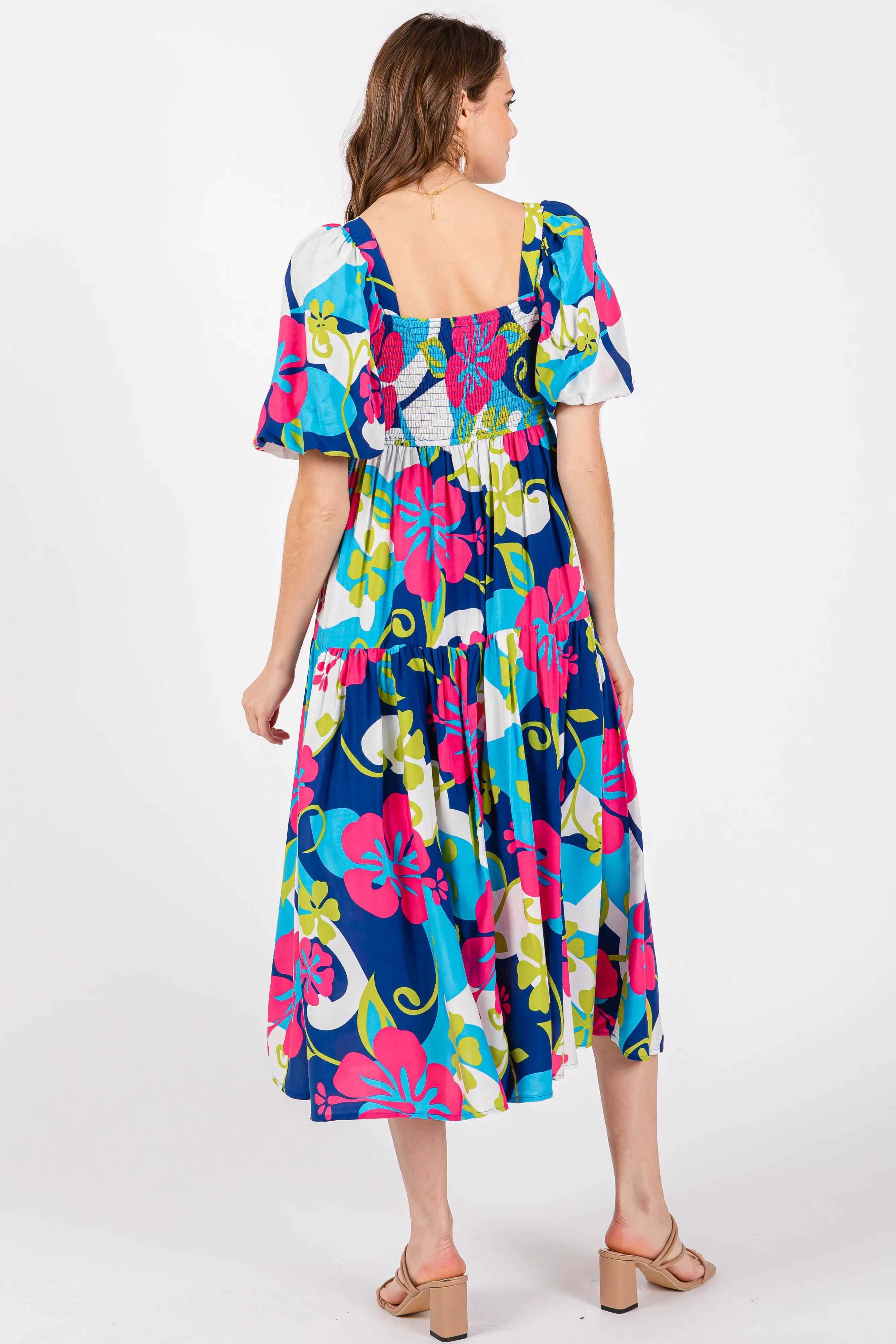Royal Floral Tiered Puff Sleeve Midi Dress sold by Pinkblush product image thumbnail 4