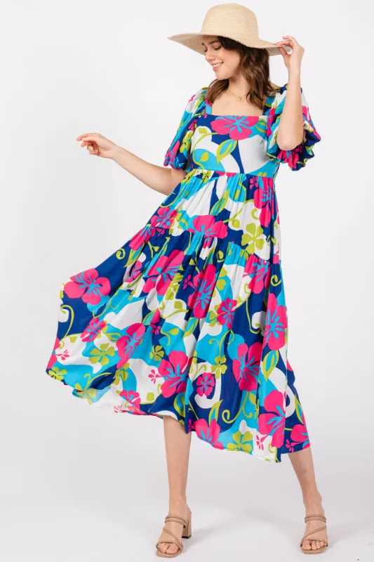 Royal Floral Tiered Puff Sleeve Midi Dress sold by Pinkblush