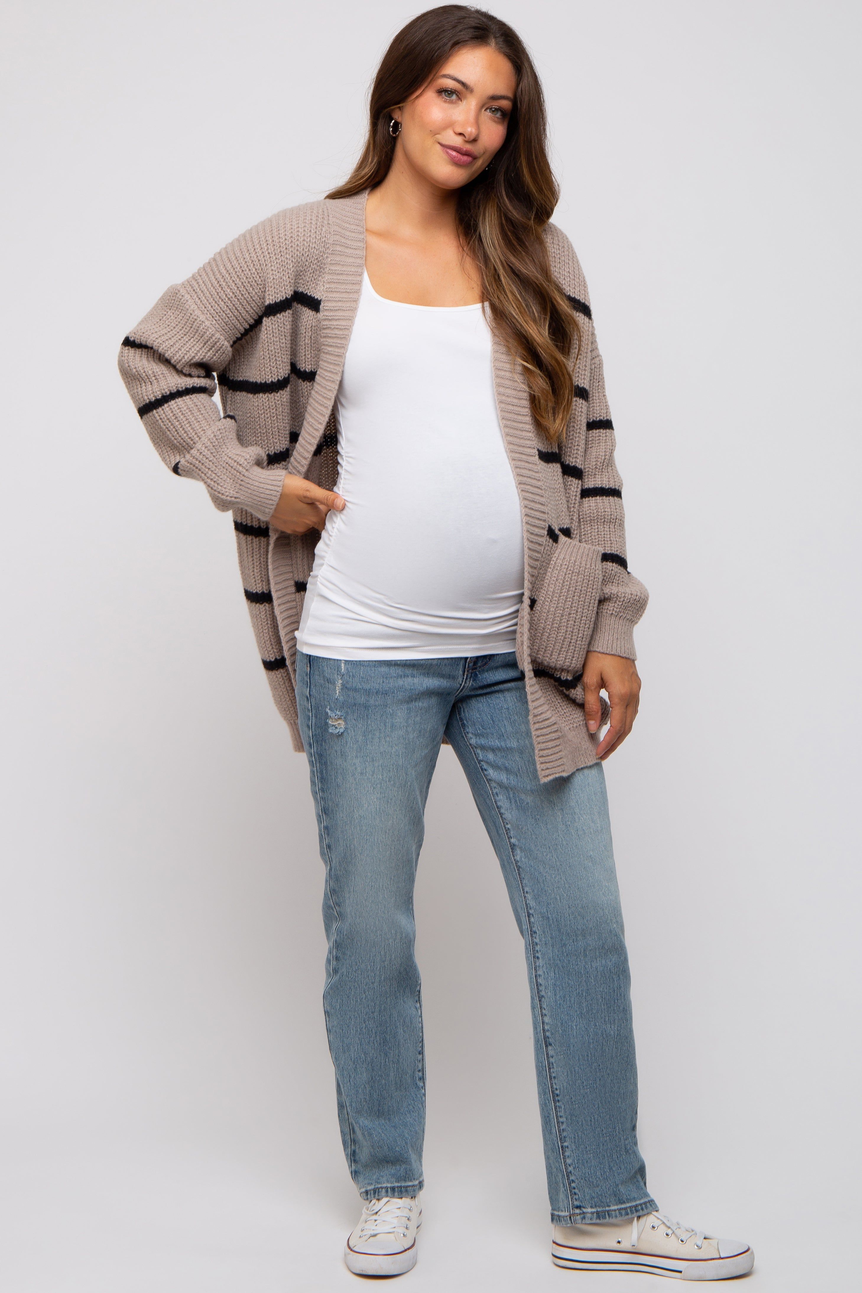 Mocha Striped Chunky Knit Maternity Cardigan sold by Pinkblush product image thumbnail 4