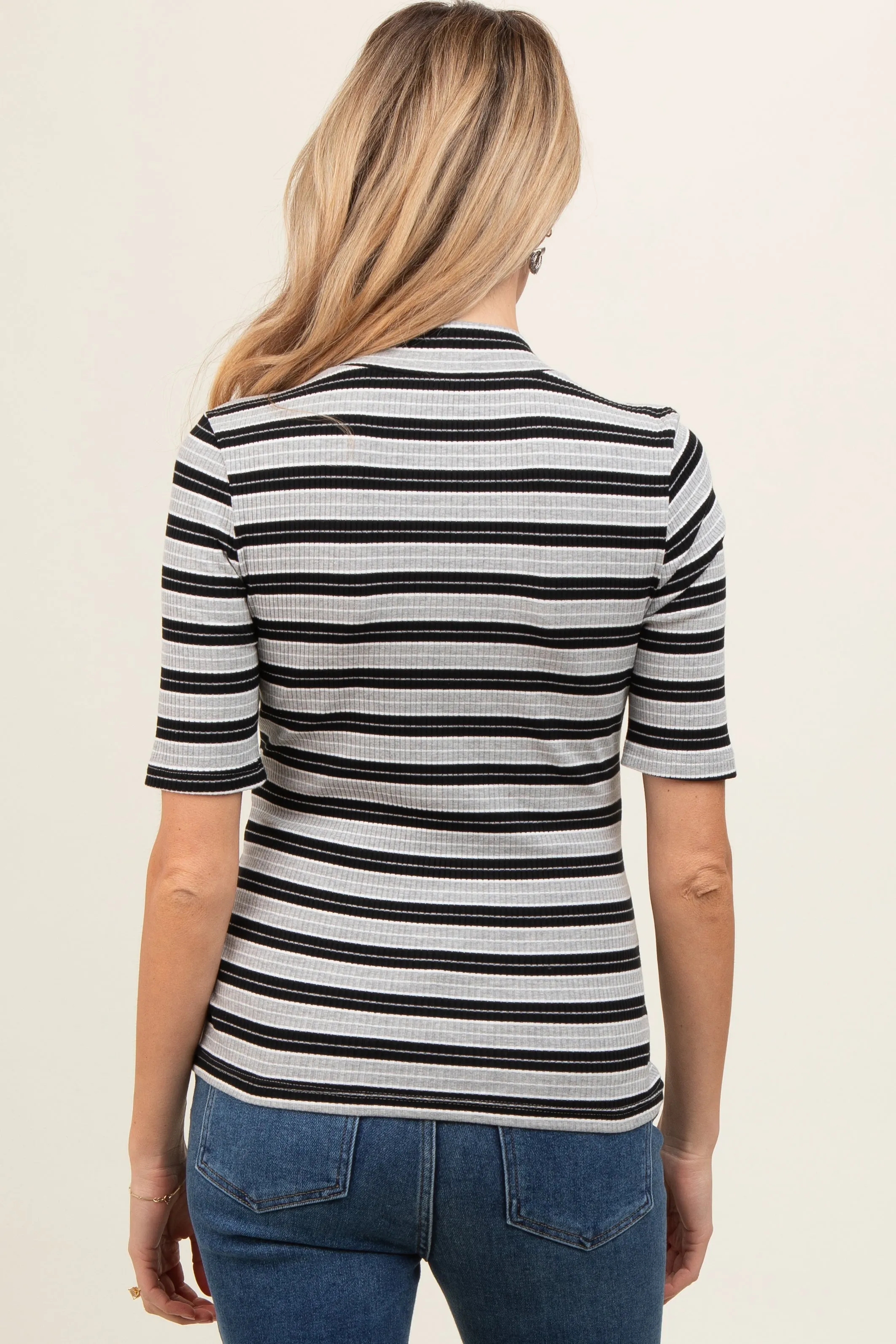 Black Striped Ribbed Mock Neck Maternity Top sold by Pinkblush product image thumbnail 4