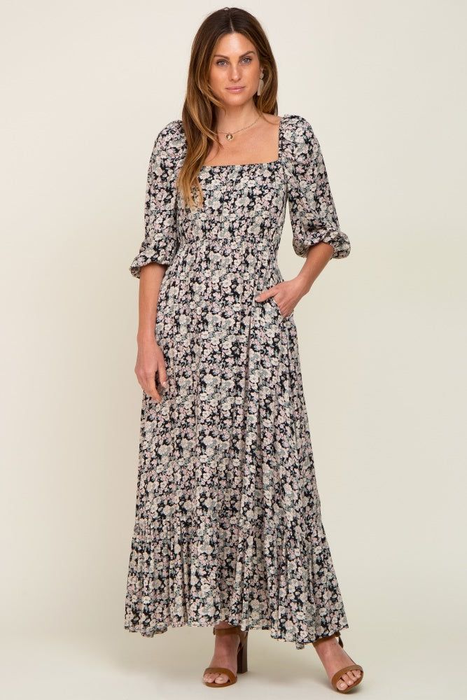 Black Floral Puff Sleeve Midi Dress sold by Pinkblush product image thumbnail 5