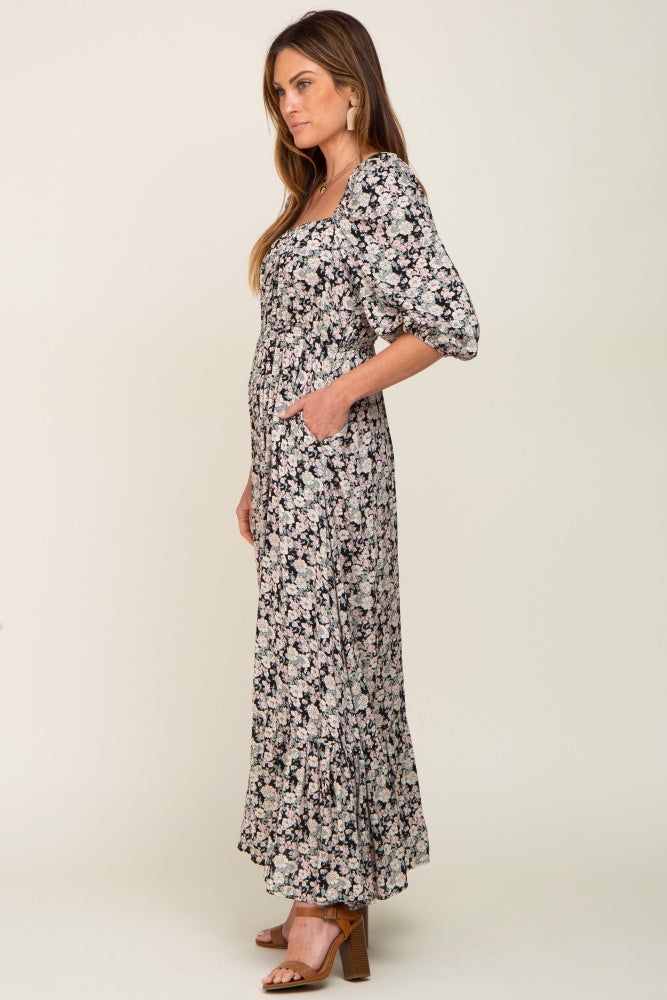 Black Floral Puff Sleeve Midi Dress sold by Pinkblush product image thumbnail 2