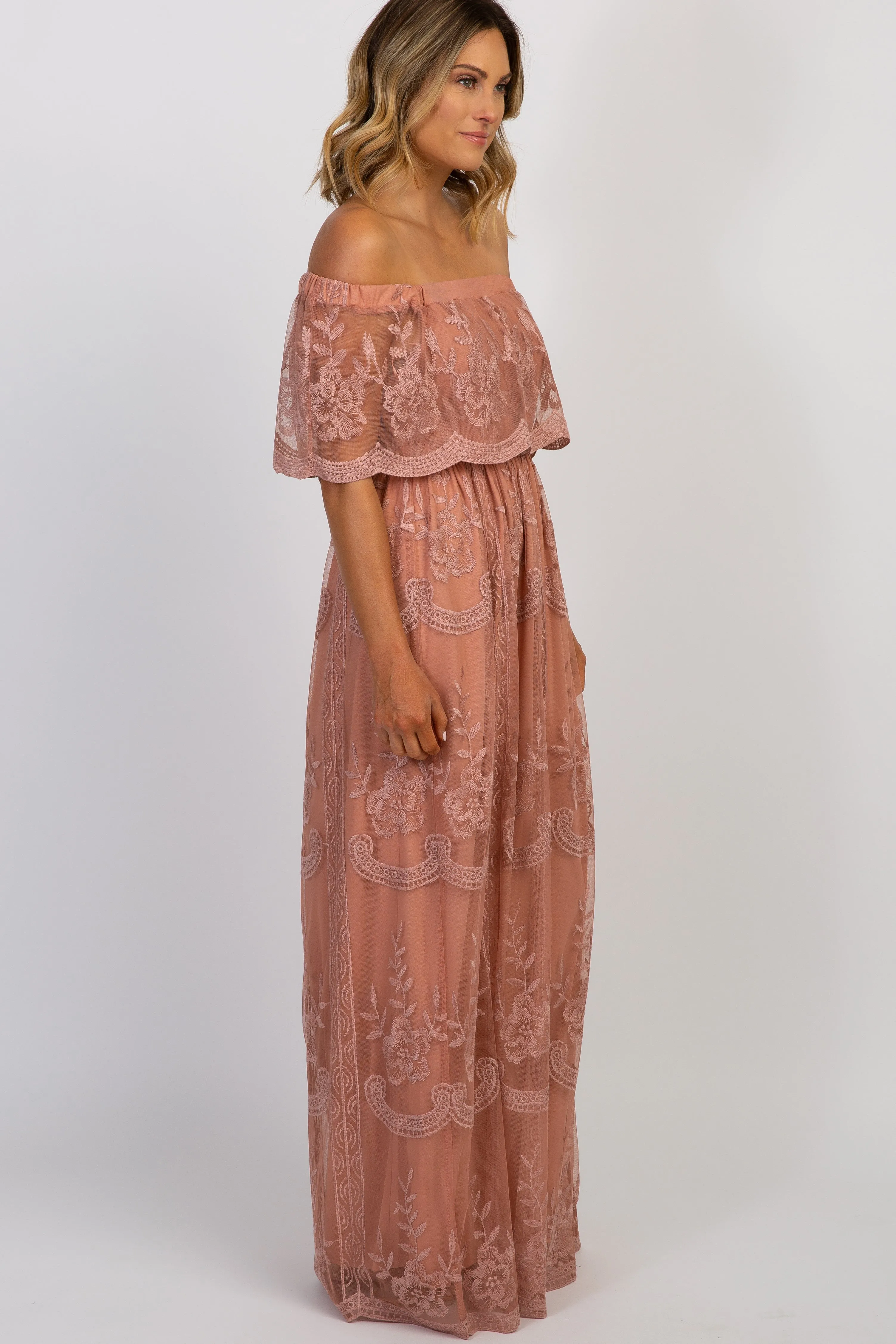 Light Pink Lace Mesh Overlay Off Shoulder Maxi Dress sold by Pinkblush product image thumbnail 2