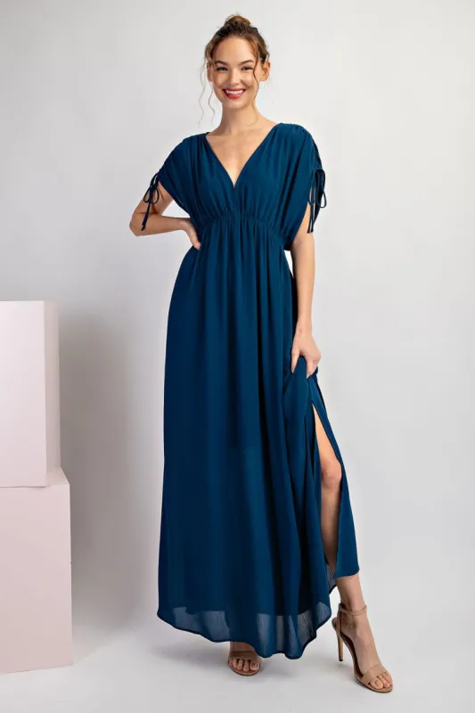 Navy Blue V-Neck Drawstring Short Sleeve Side Slit Maxi Dress sold by Pinkblush