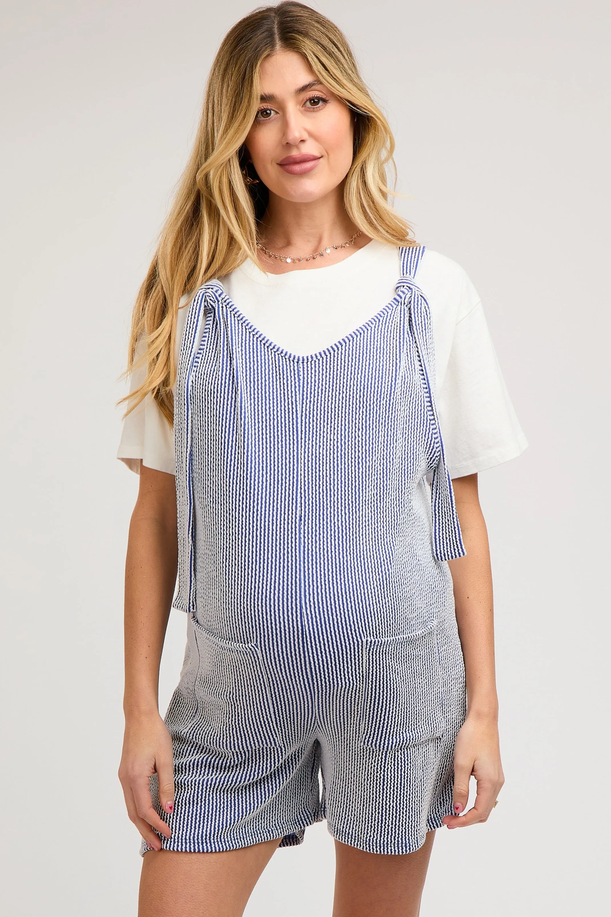 Royal Blue Striped Bow Strap Maternity Romper sold by Pinkblush product image thumbnail 5