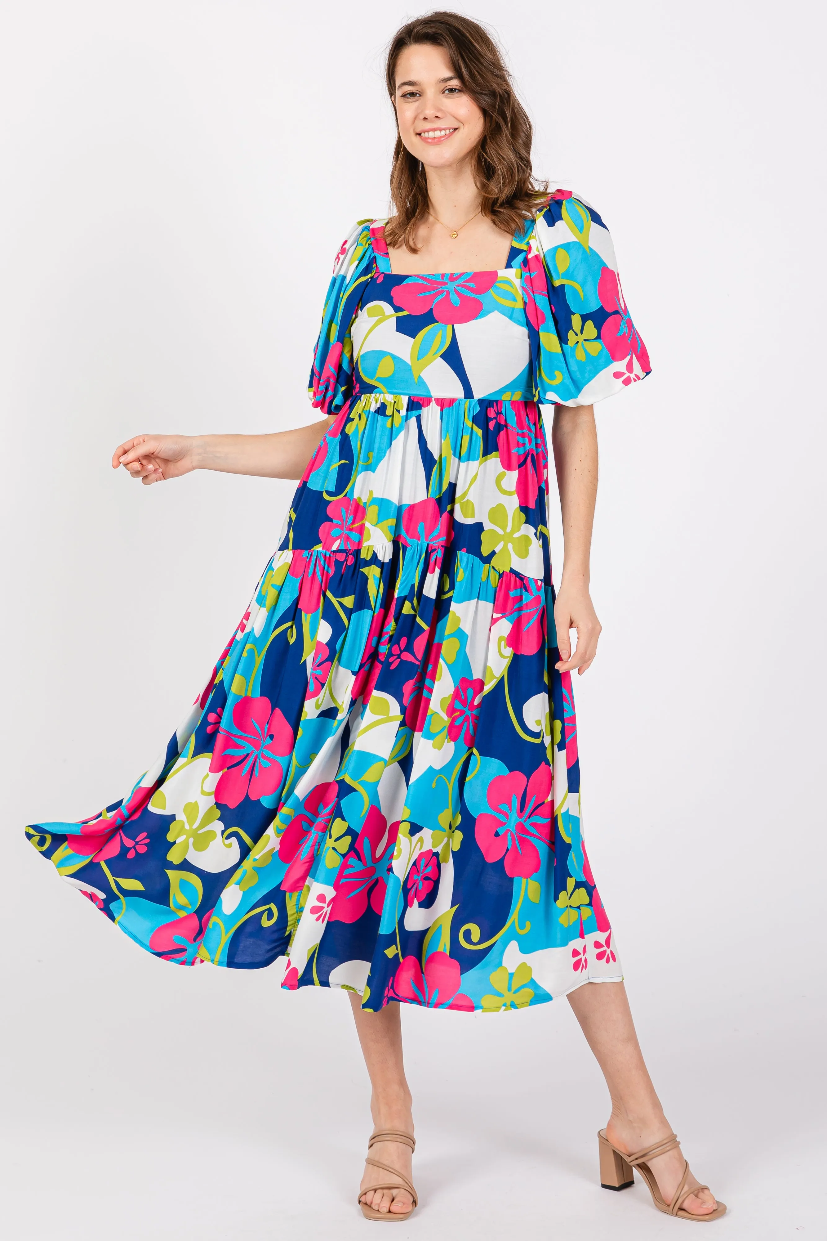 Royal Floral Tiered Puff Sleeve Midi Dress sold by Pinkblush product image thumbnail 2