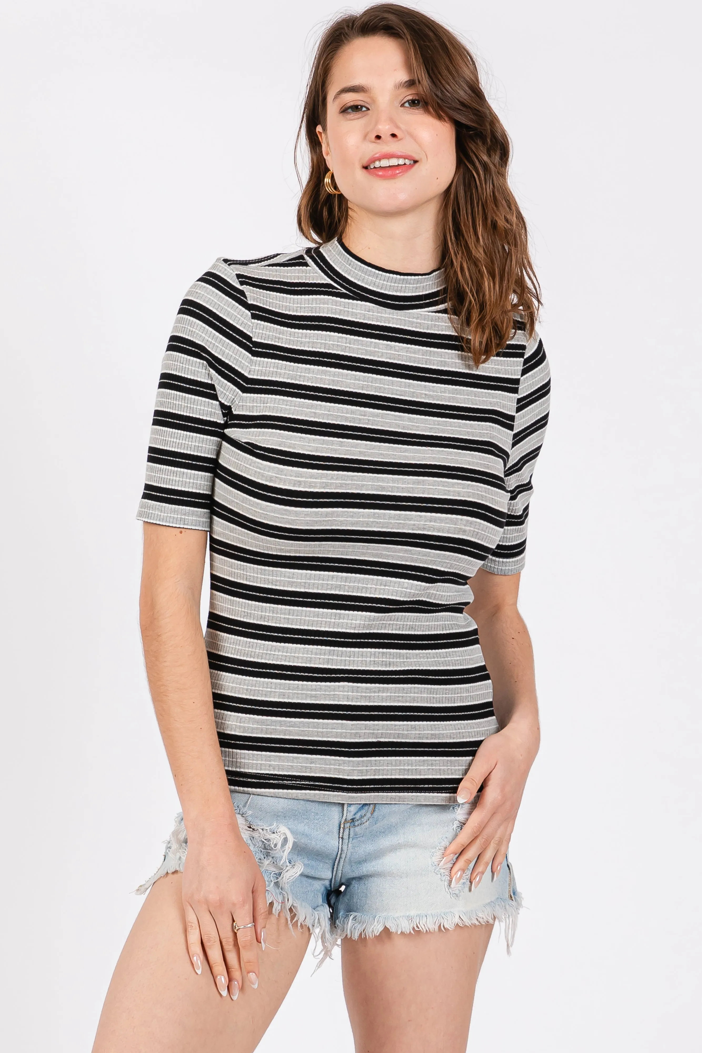 Black Striped Ribbed Mock Neck Maternity Top sold by Pinkblush product image thumbnail 5