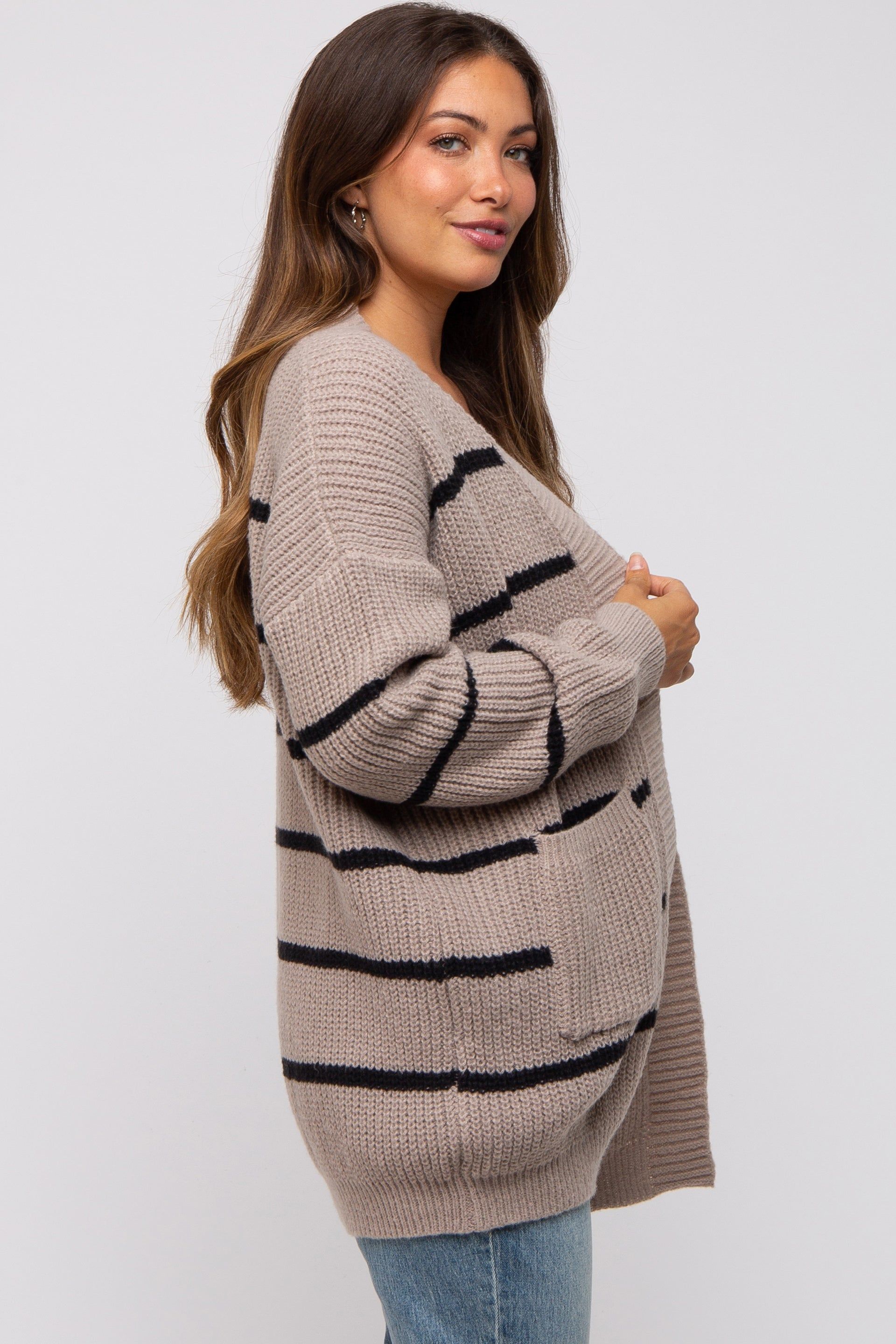 Mocha Striped Chunky Knit Maternity Cardigan sold by Pinkblush product image thumbnail 2